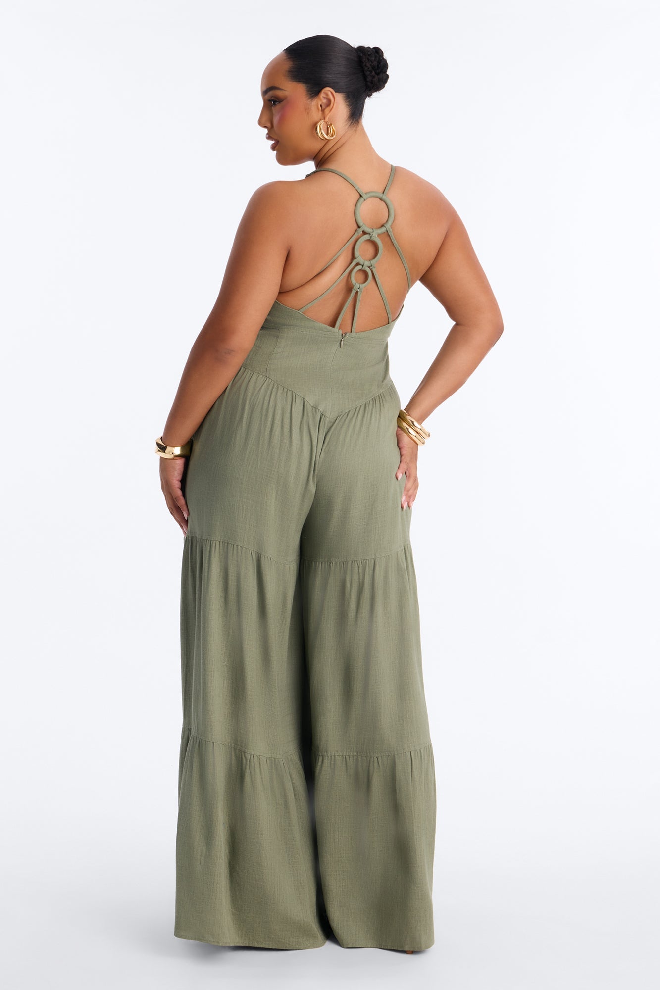 Belle Denim Tiered Wide Leg Jumpsuit - Olive