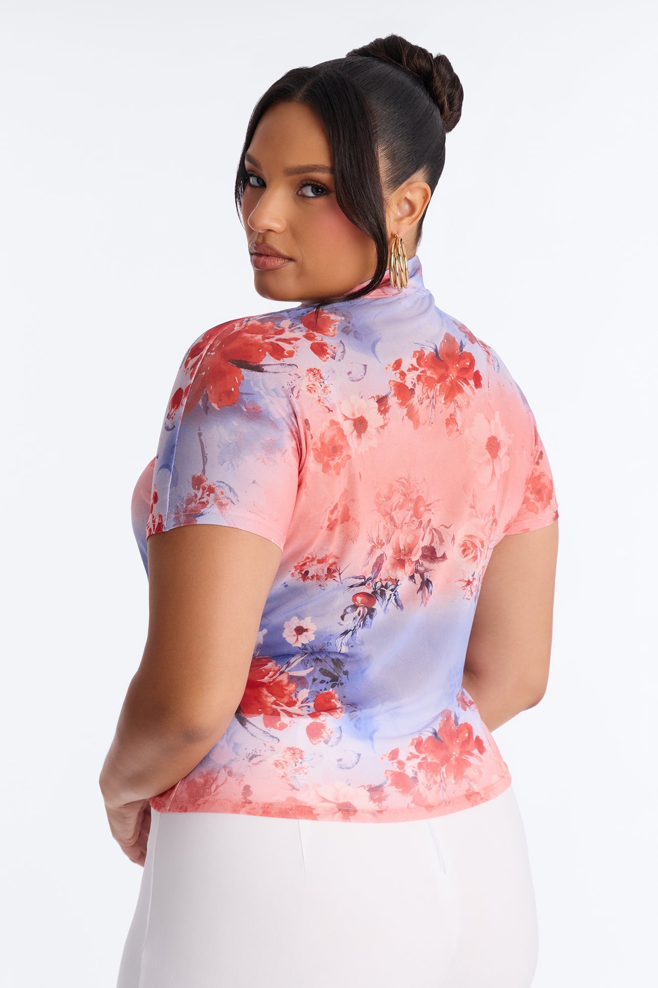 Daytime Blossom Mesh Mock Neck Short Sleeve Top - Pink/combo