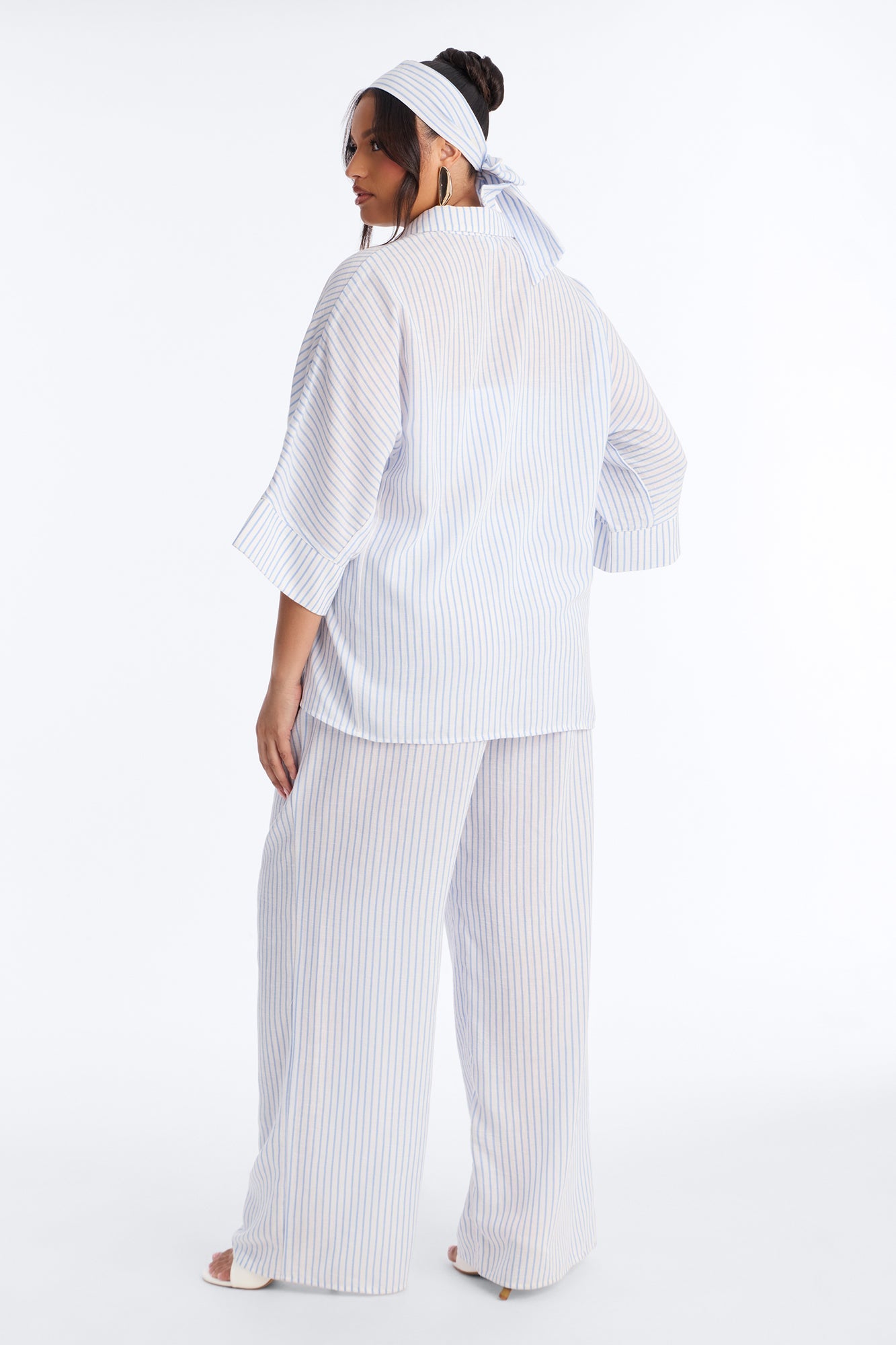 Mara Linen 3 Piece Pinstripe Pant Set - Blue/combo