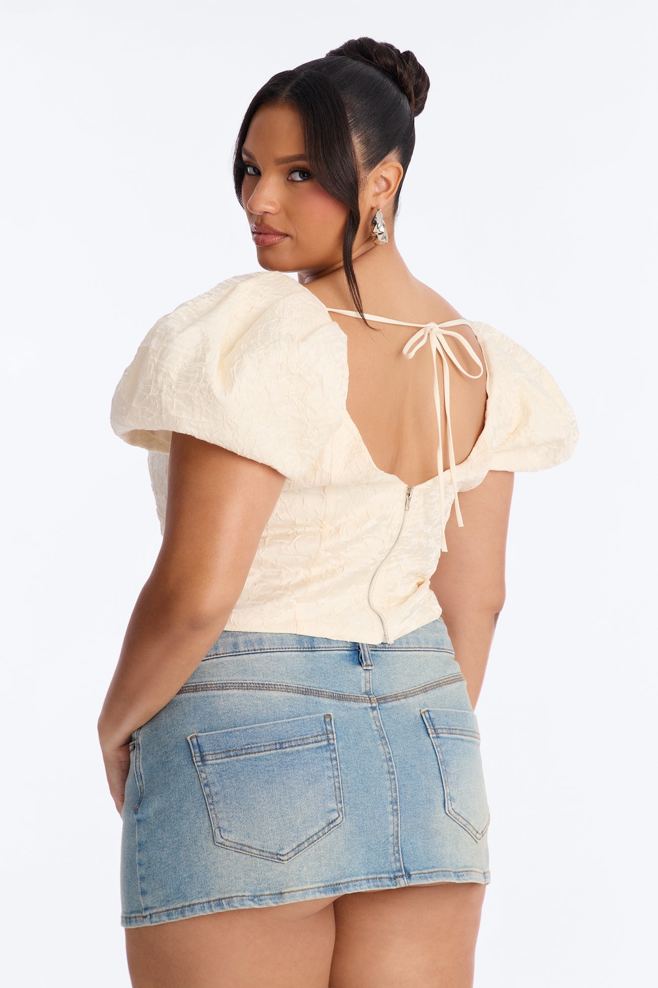 Royal Attitude Puff Sleeve Lace Up Top - Cream