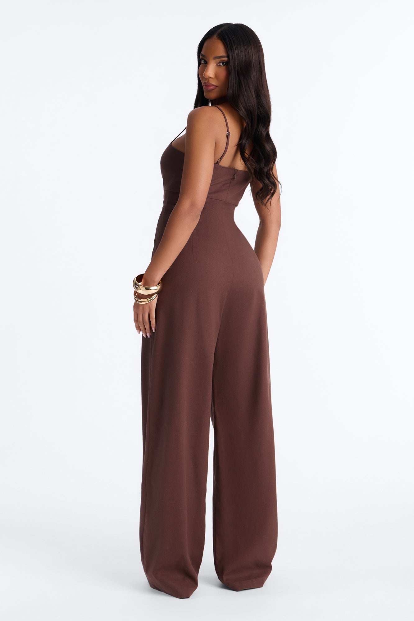 Liliana Embroidered Linen Jumpsuit - Chocolate