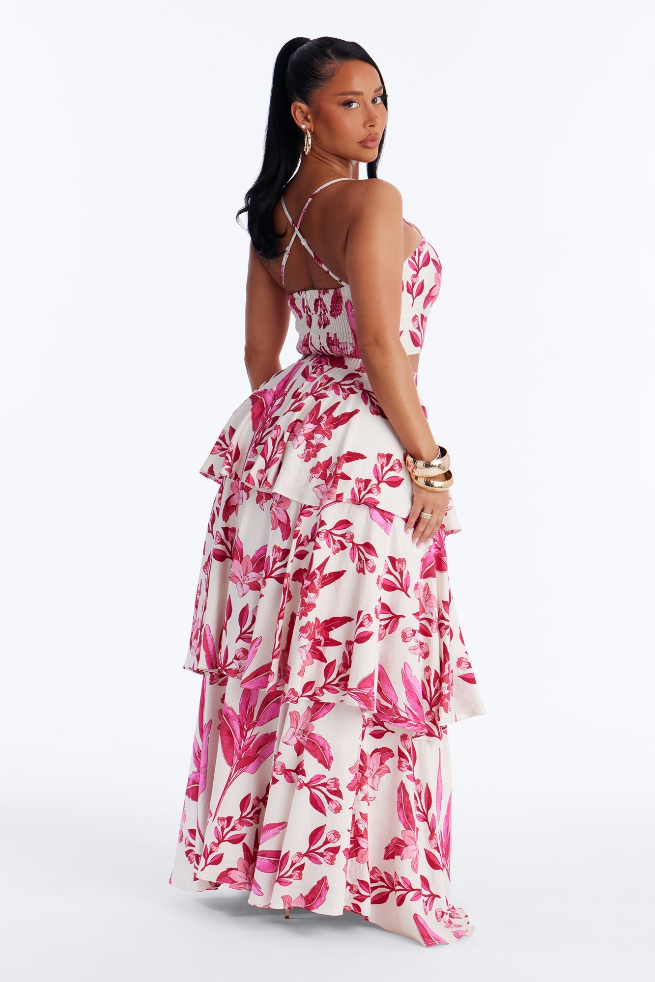 Bellarosa Linen Floral Layered Maxi Skirt Set - Fuchsia
