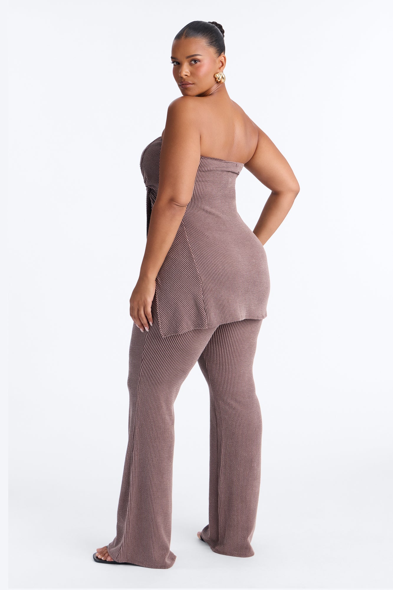 Mona Textured Strapless Flare Pant Set - Mocha