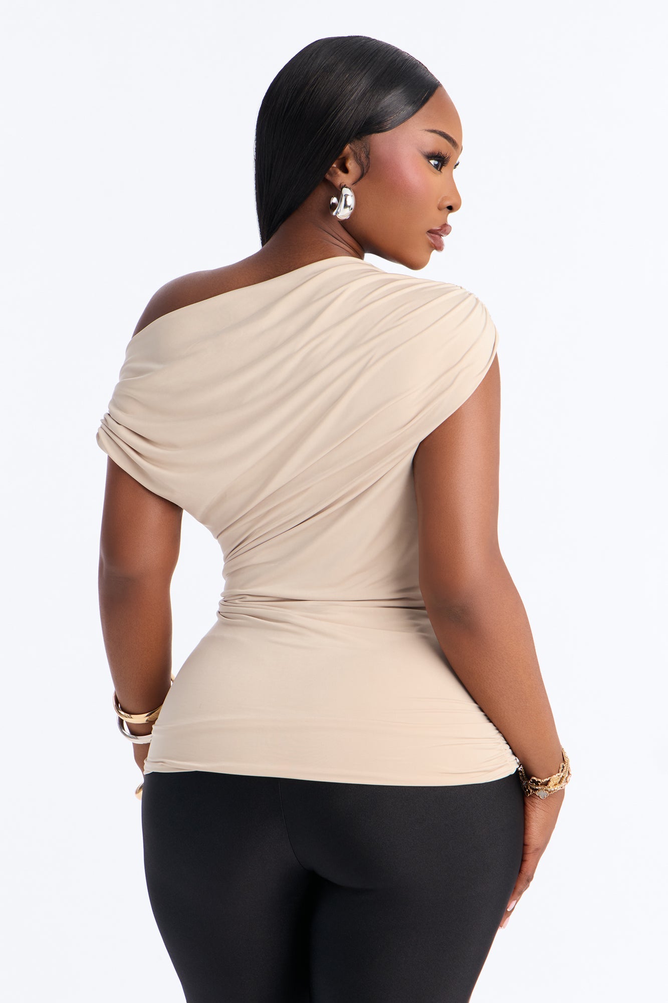 Aya Off Shoulder Twist Short Sleeve Top - Stone