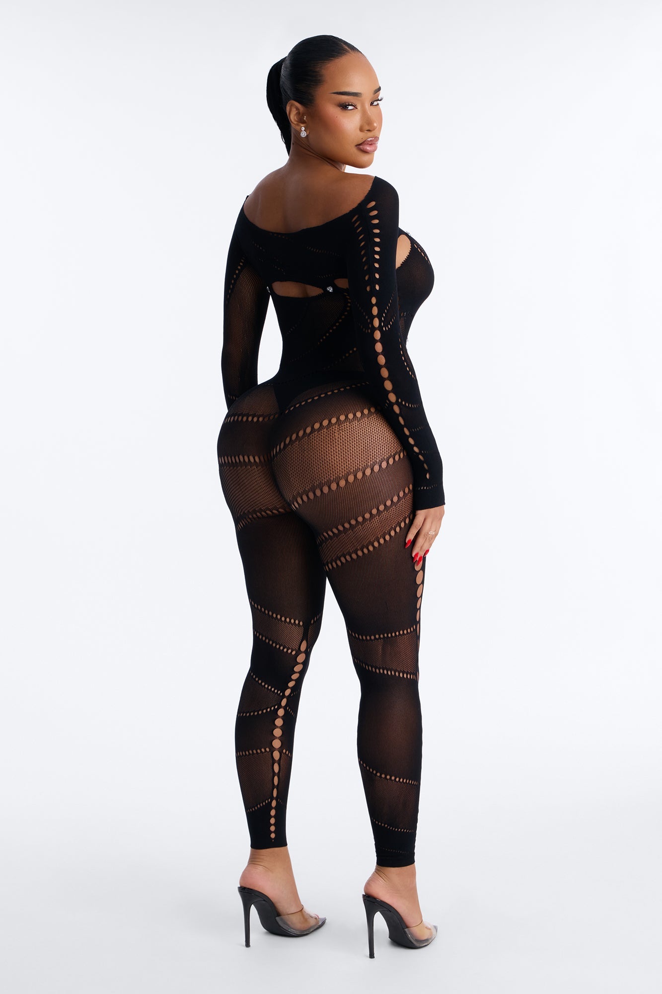Alexis Rhinestone Jumpsuit Bodystocking - Black