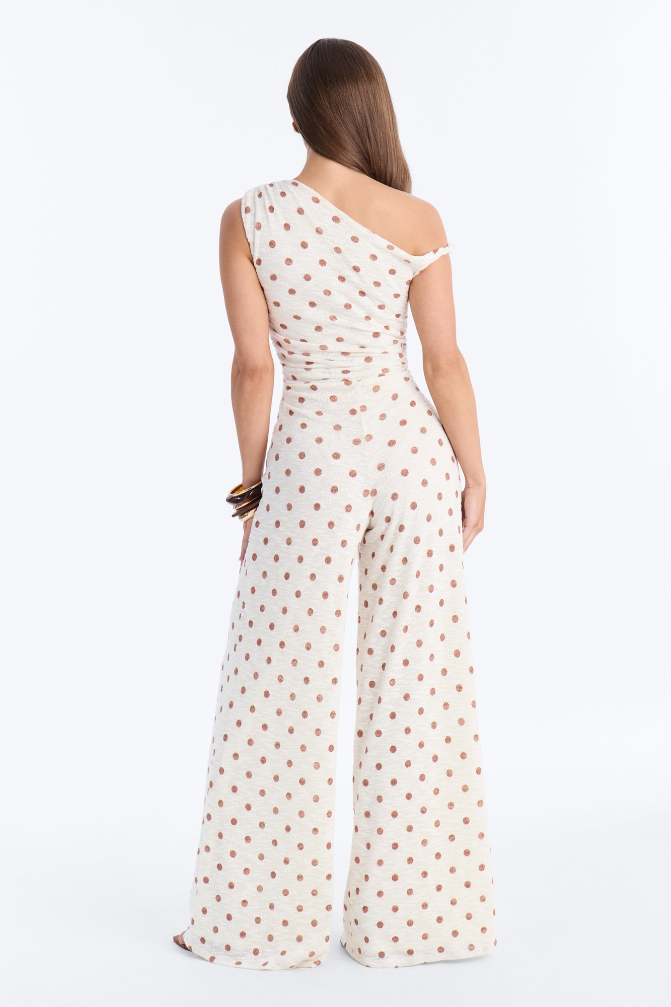 Natalia Polka Dot Knit Off Shoulder Jumpsuit - Cream