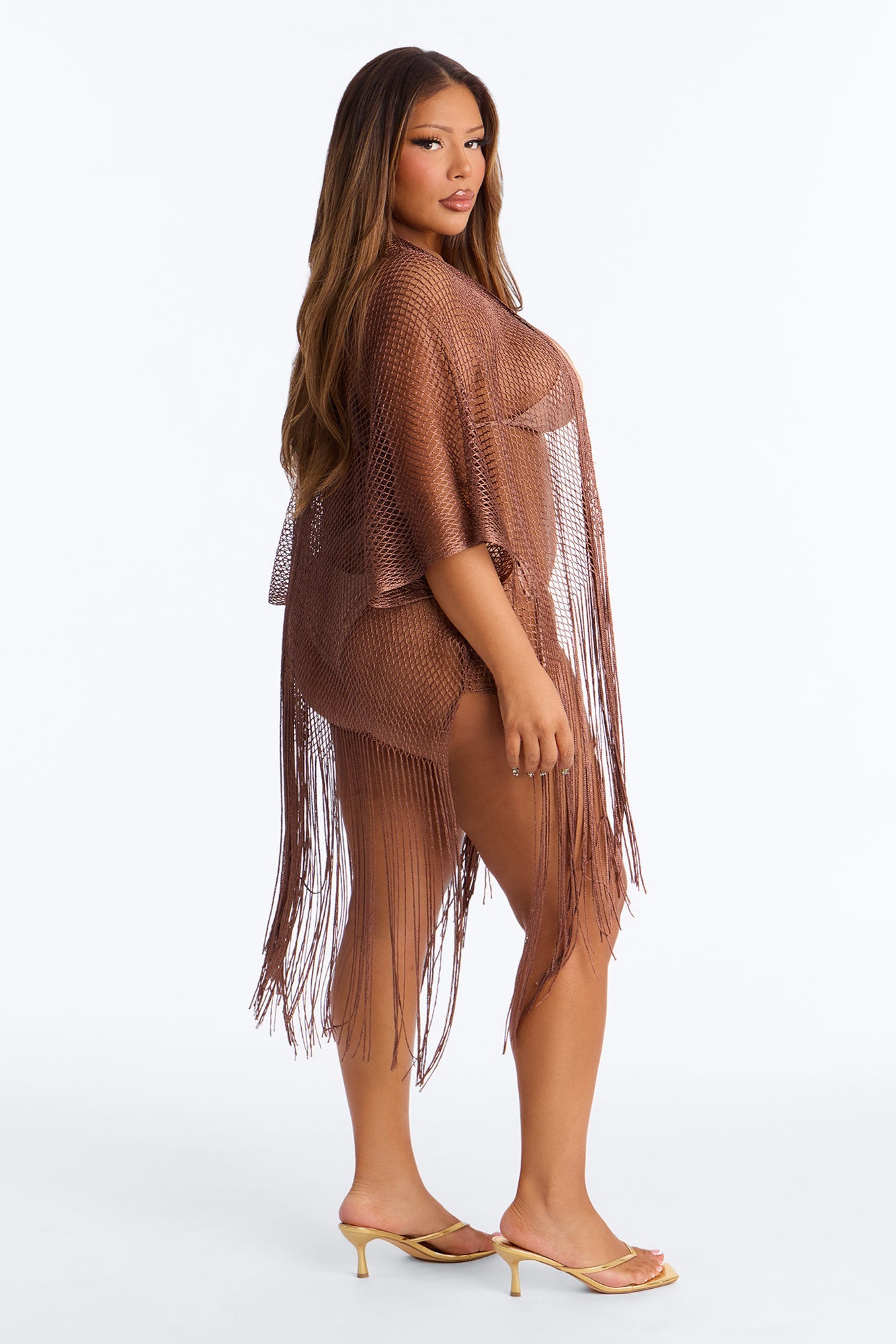 Paula Shimmer Fringe Swim Cover Up Kimono - Bronze