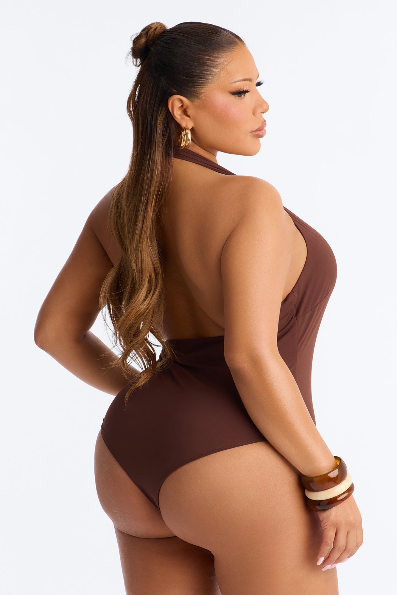 Bahamas Queen Beaded Deep V-Neck Halter Bodysuit - Chocolate