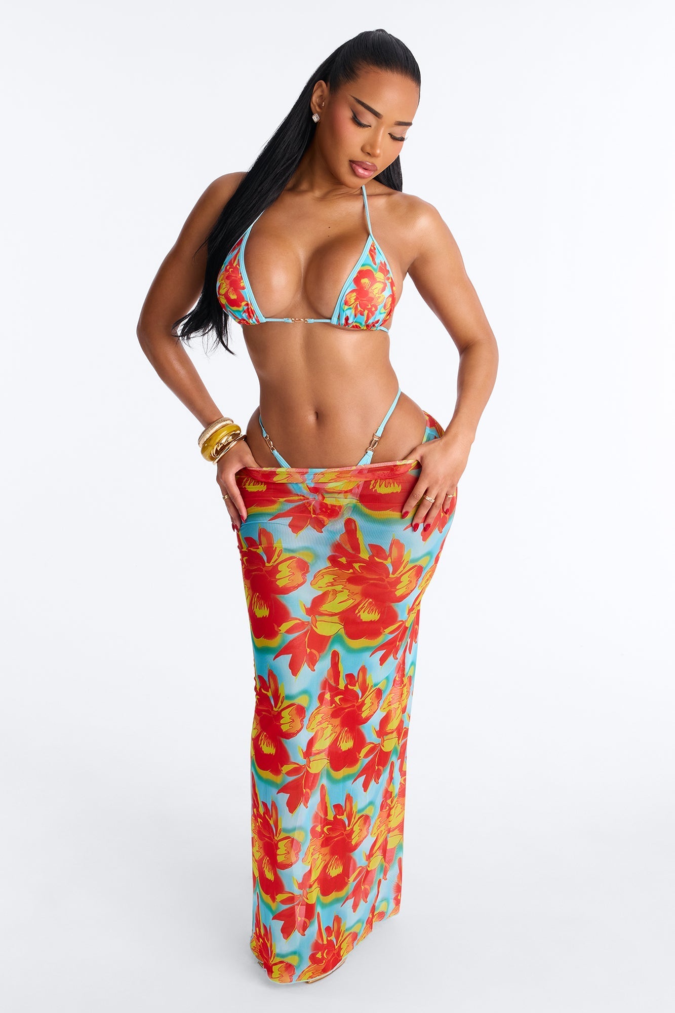 Gia 2 Piece Bikini And Sarong Set - Orange/combo Fashion Nova