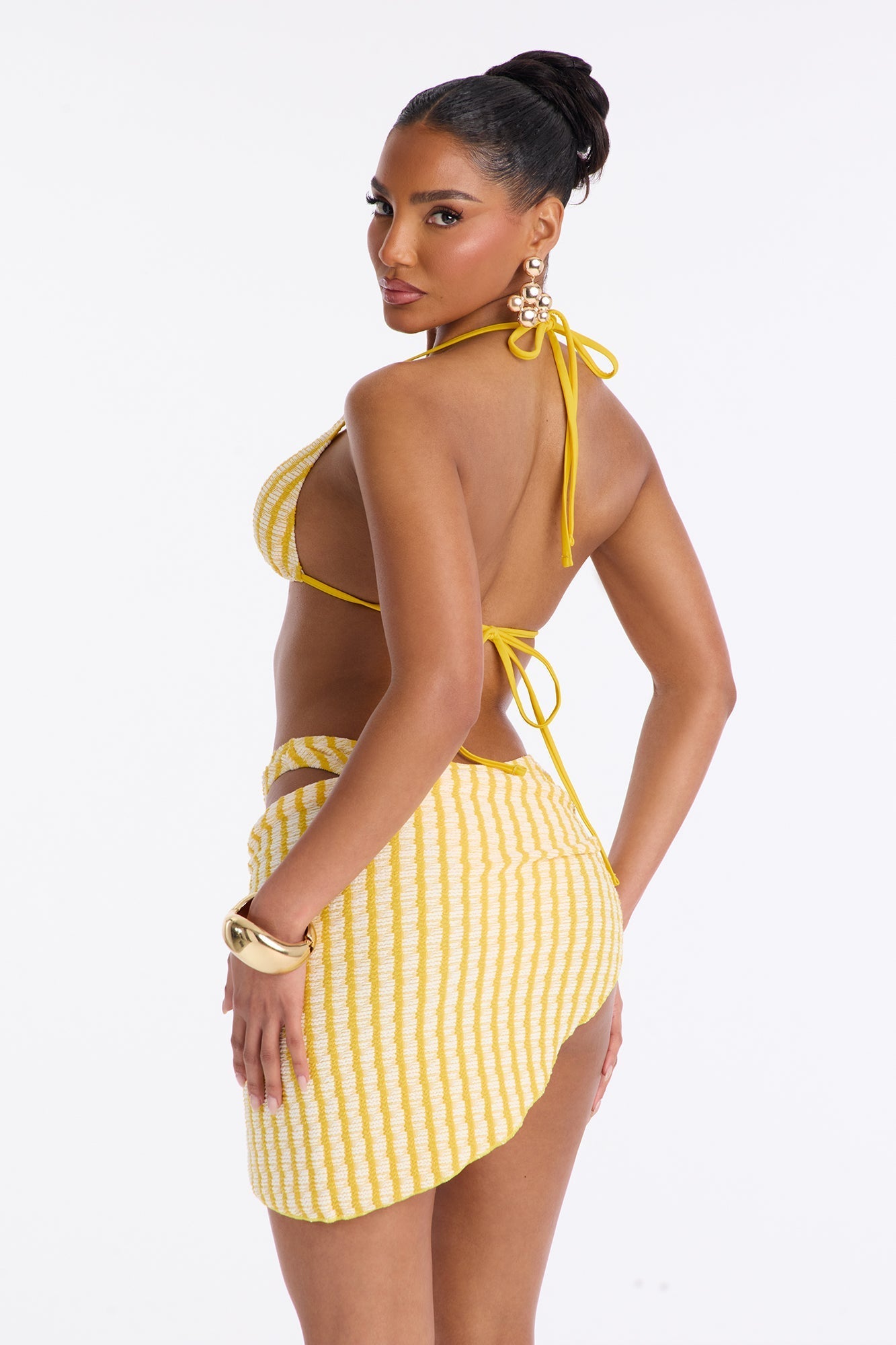 Ruby Textured Pinstripe O-Ring 3 Piece Bikini Sarong Set - Yellow/combo Fashion Nova