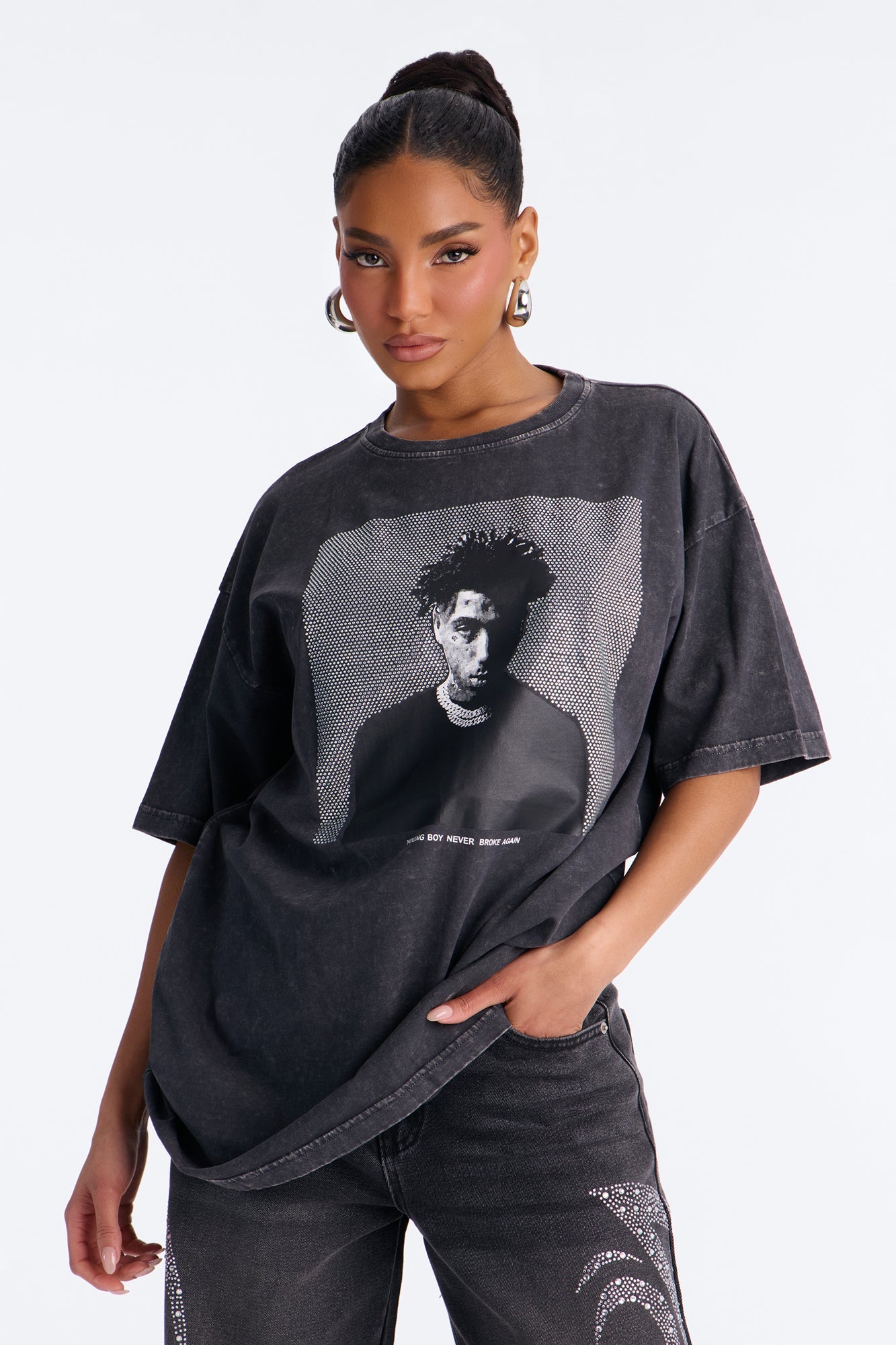 Youngboy Rhinestone Washed Tee - Black Wash