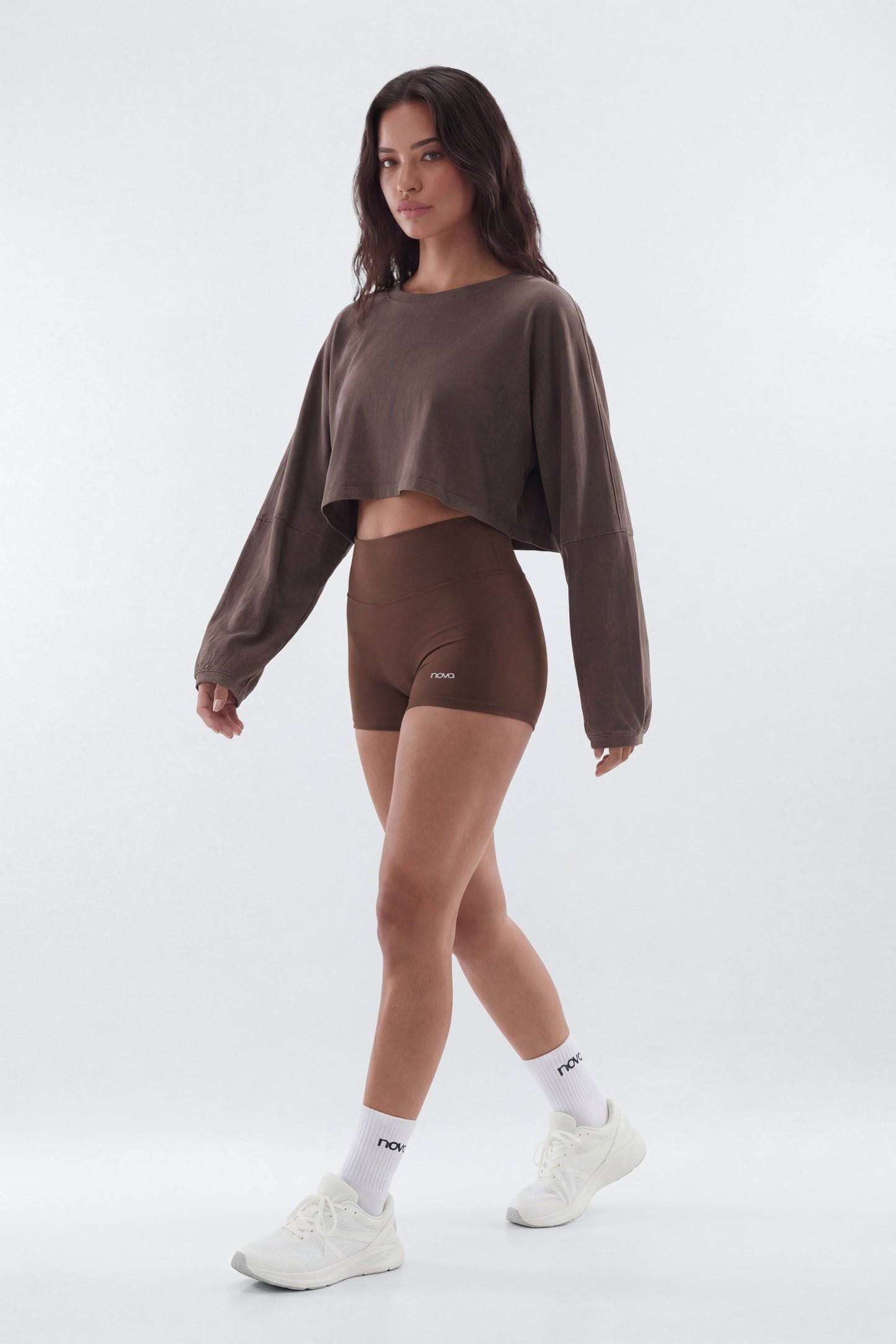 Cotton Jersey Long Sleeve Cropped Top - Brown Fashion Nova