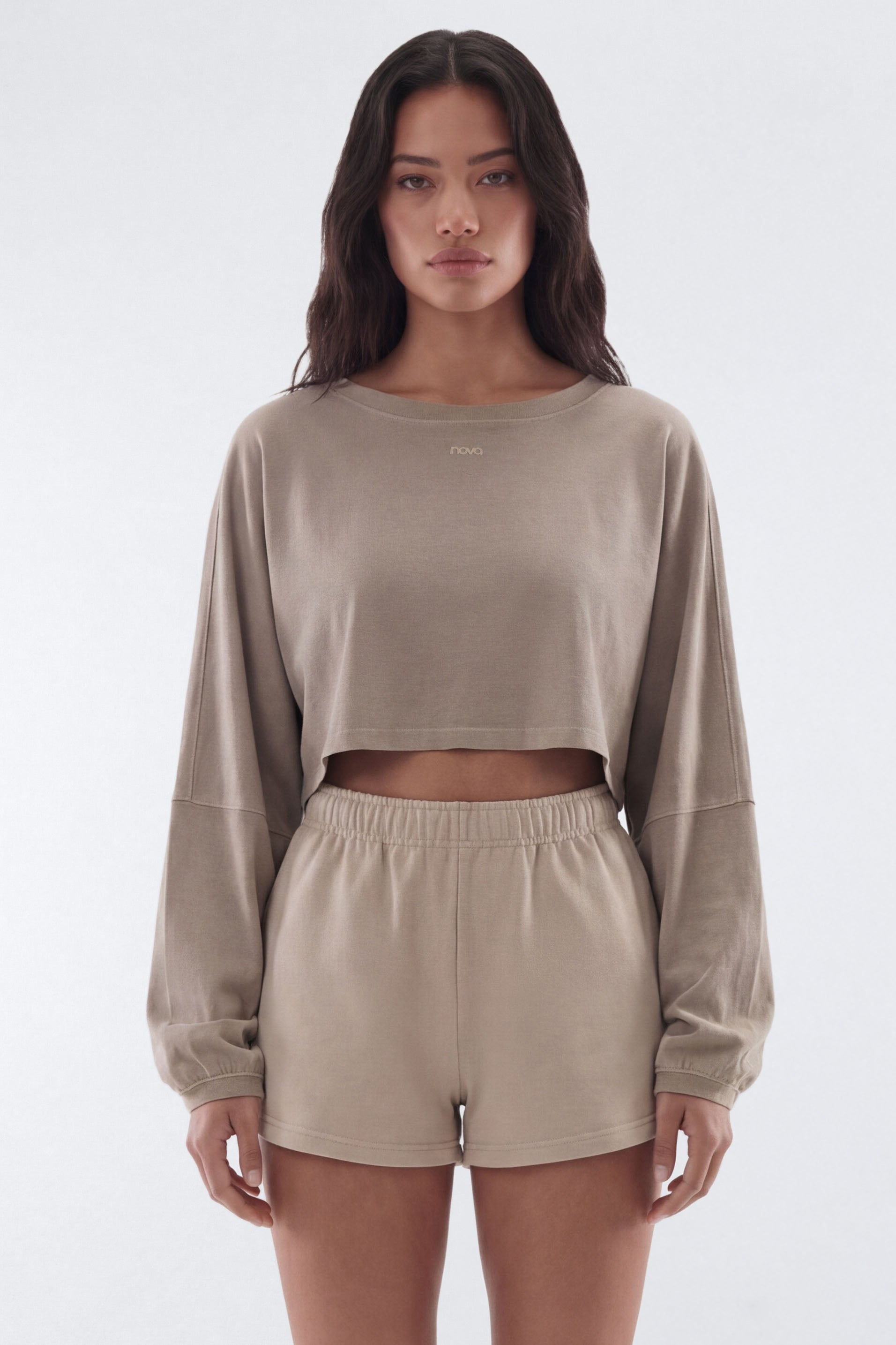 Cotton Jersey Long Sleeve Cropped Top - Taupe Fashion Nova
