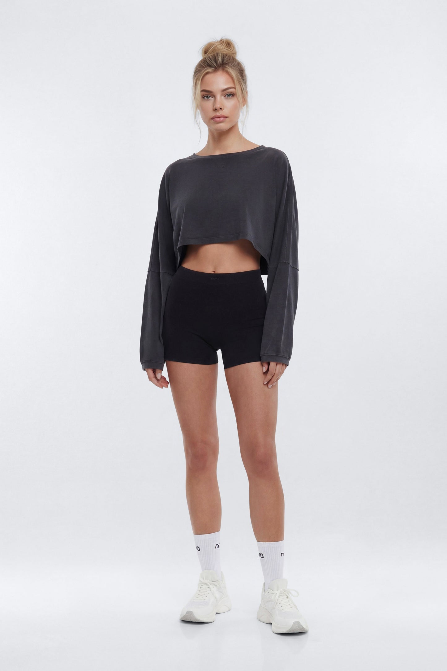 Cotton Jersey Long Sleeve Cropped Top - Charcoal Fashion Nova