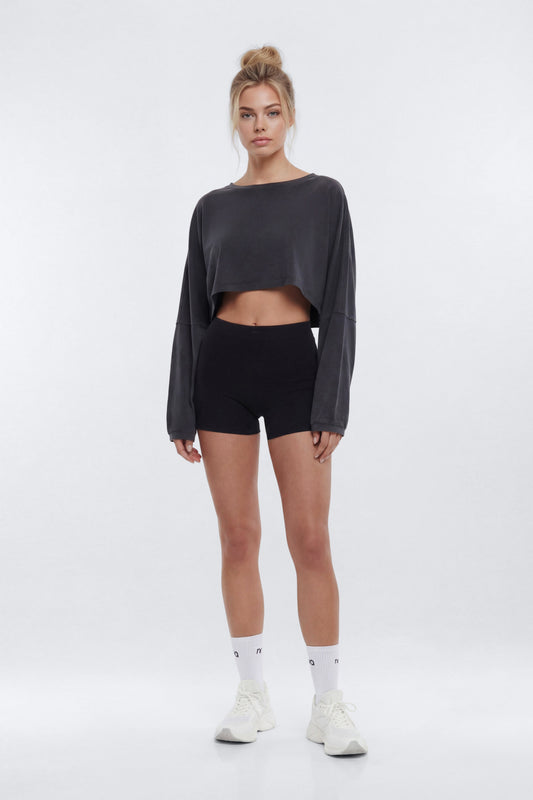 Cotton Jersey Long Sleeve Cropped Top - Charcoal Fashion Nova