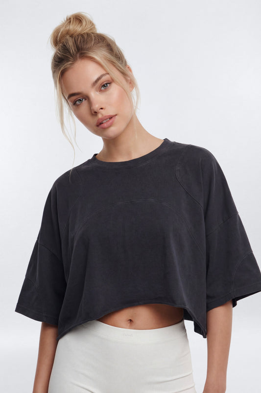 Cotton Jersey Oversized Stitched Short Sleeve Top - Charcoal Fashion Nova