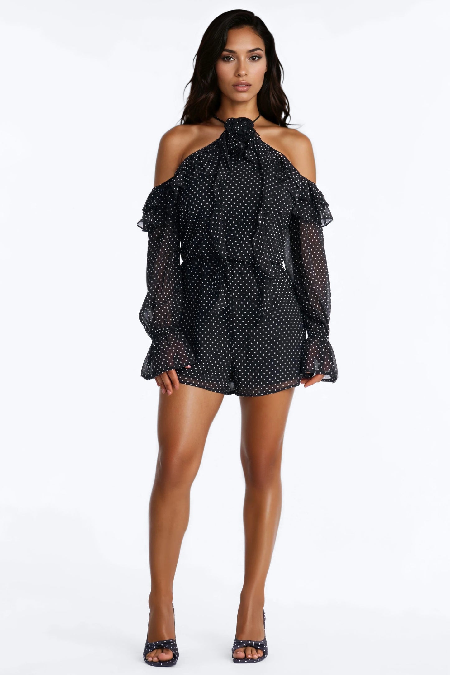 Rhia Polka Dot Chiffon Romper - Black