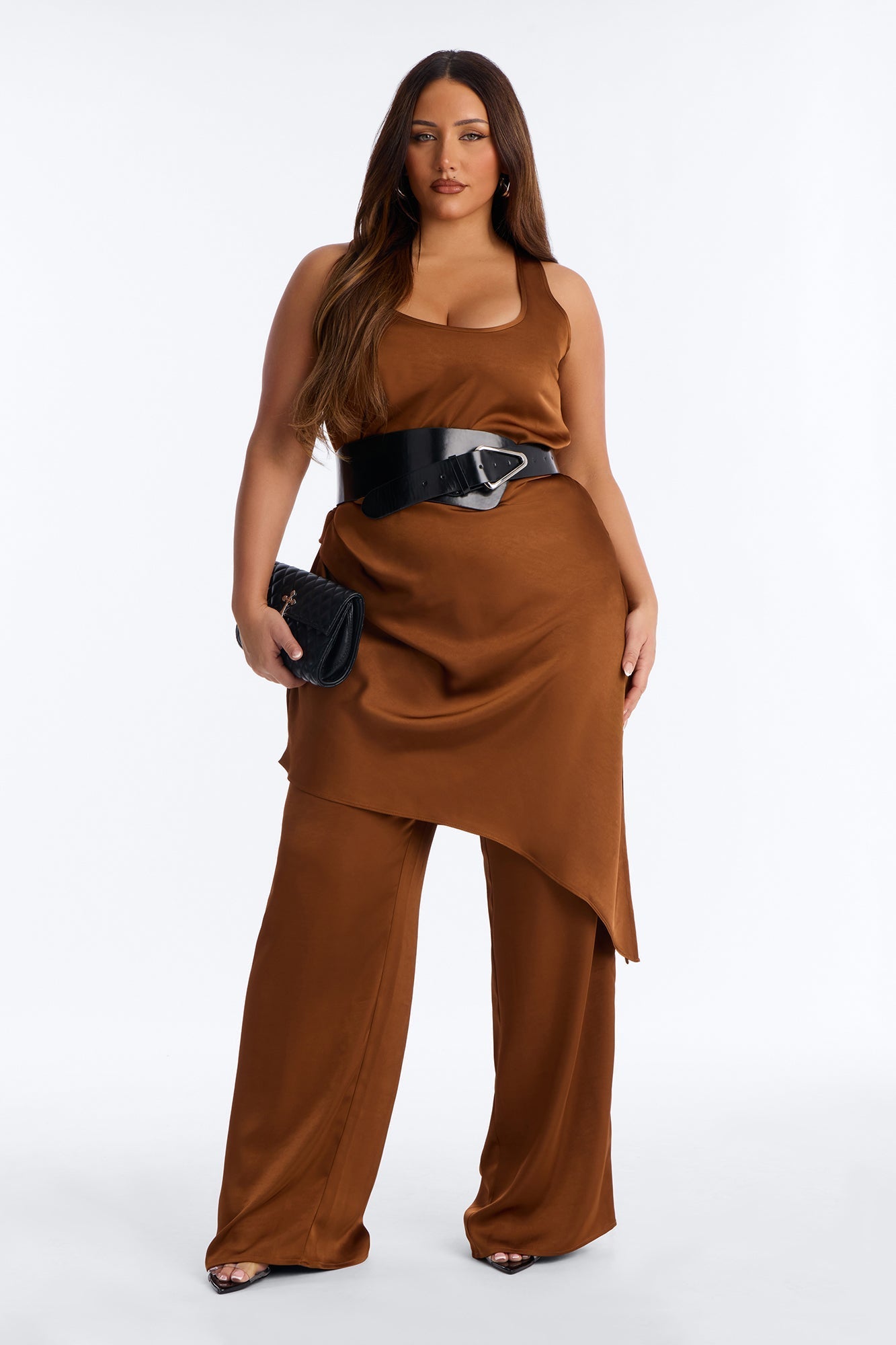 Oh So Chic Belted 3 Piece Satin Pant Set - Bronze Fashion Nova