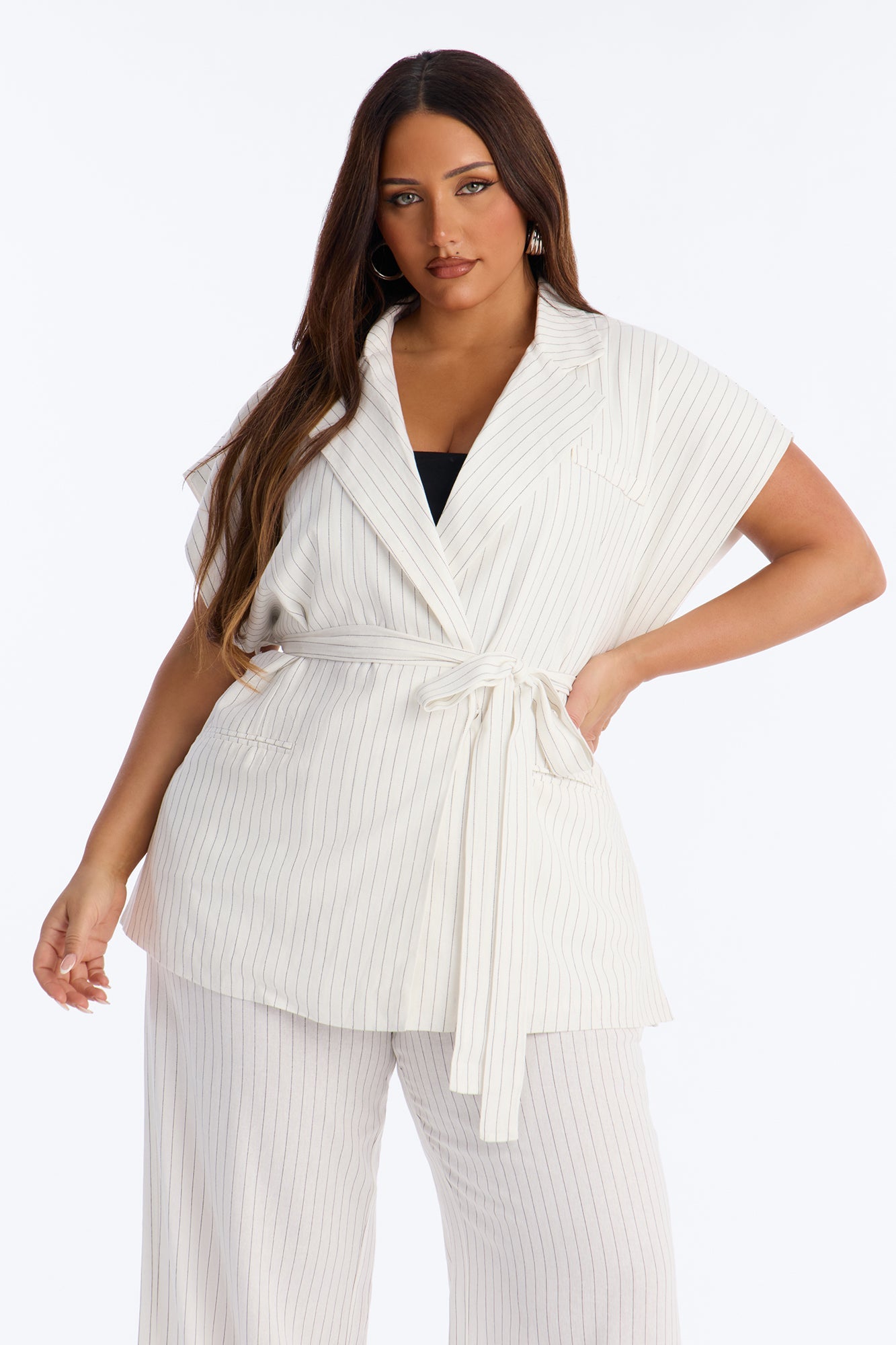 Juno Pinstripe Short Sleeve Tie Waist Linen Blazer - Ivory/combo