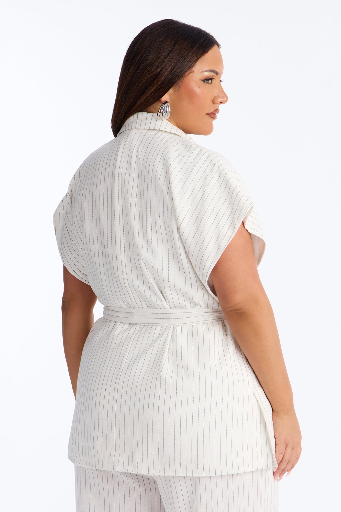 Juno Pinstripe Short Sleeve Tie Waist Linen Blazer - Ivory/combo