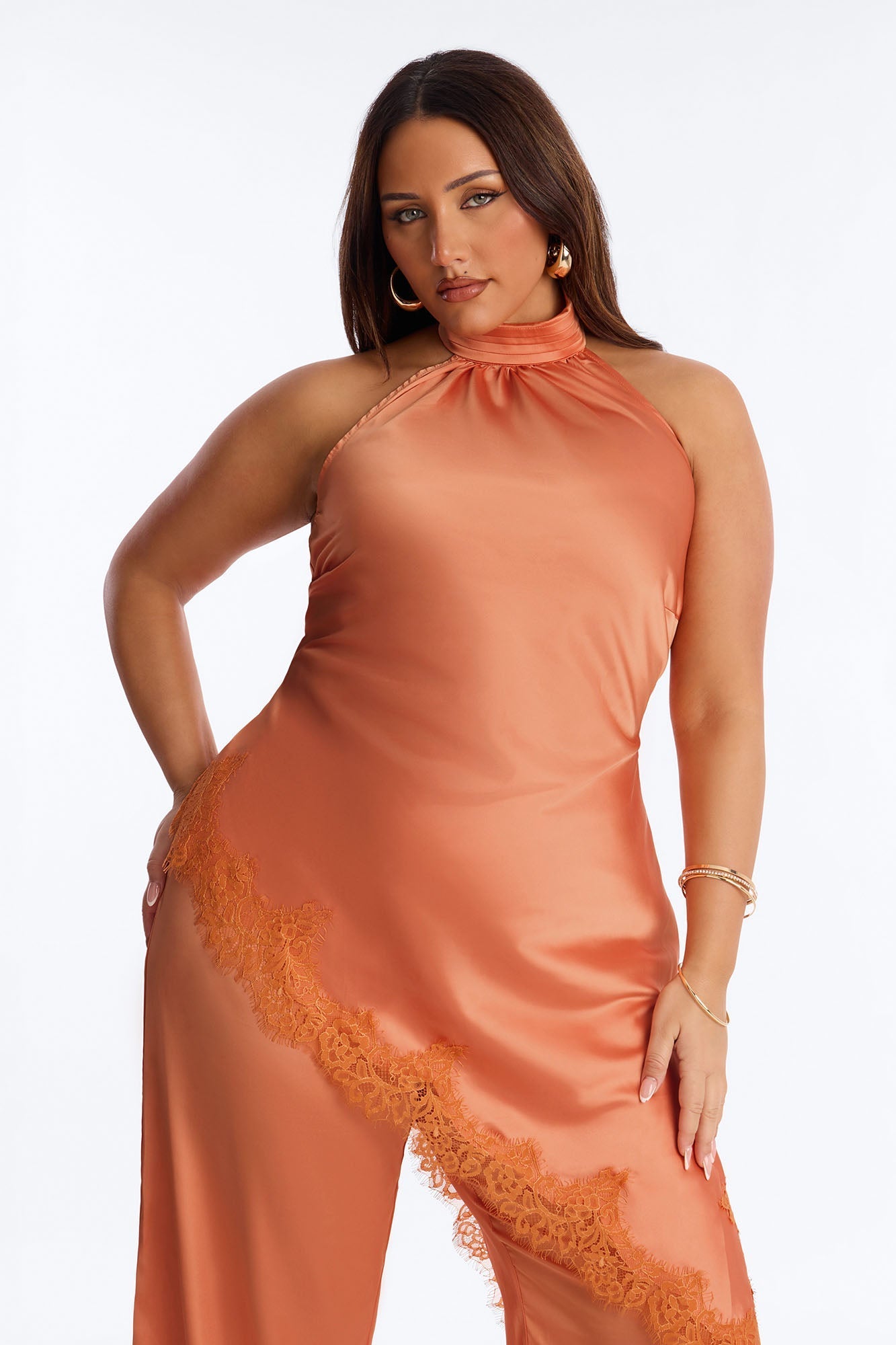 Angela Satin Lace Trim Pant Set - Orange Fashion Nova