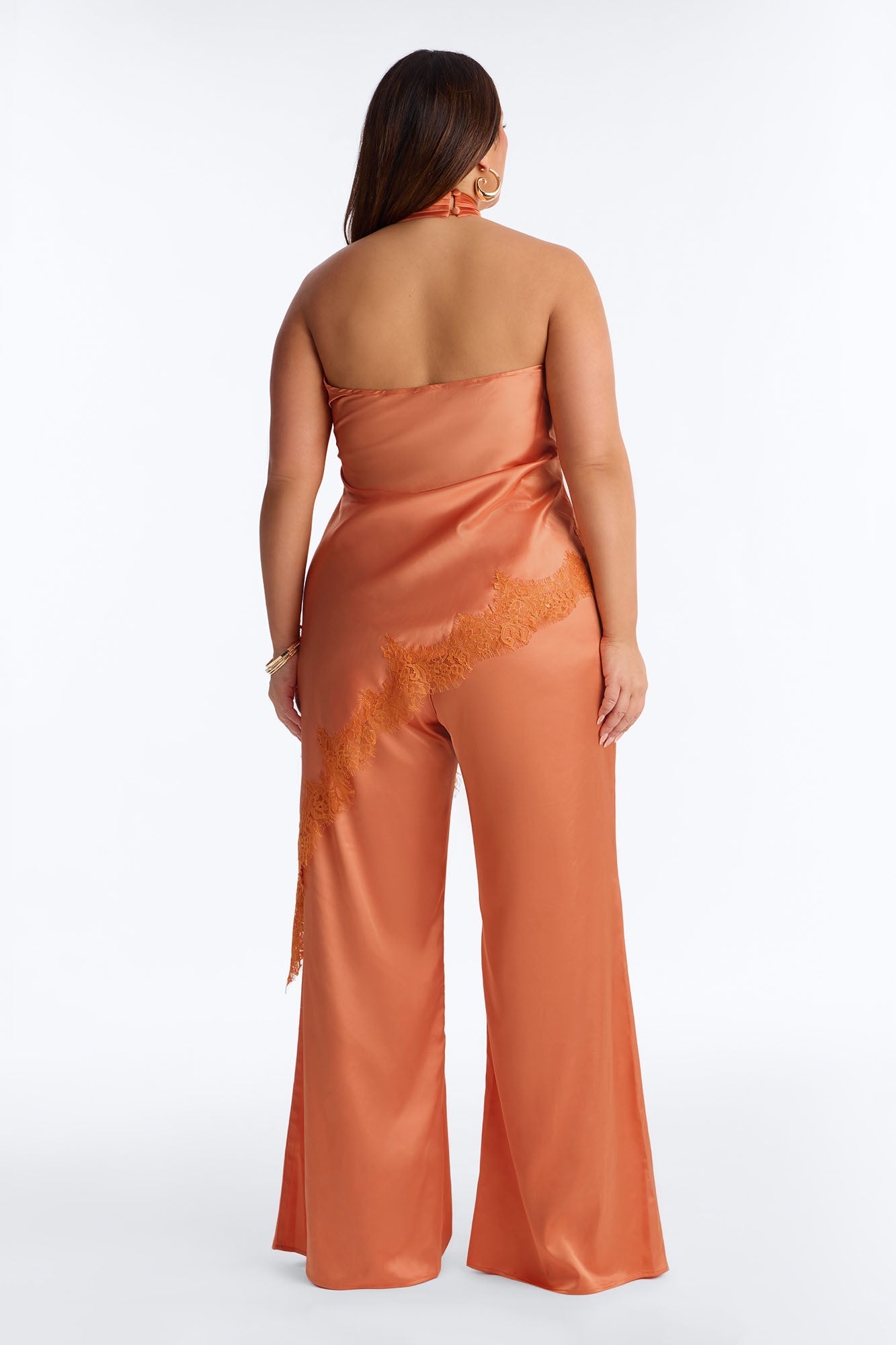 Angela Satin Lace Trim Pant Set - Orange Fashion Nova