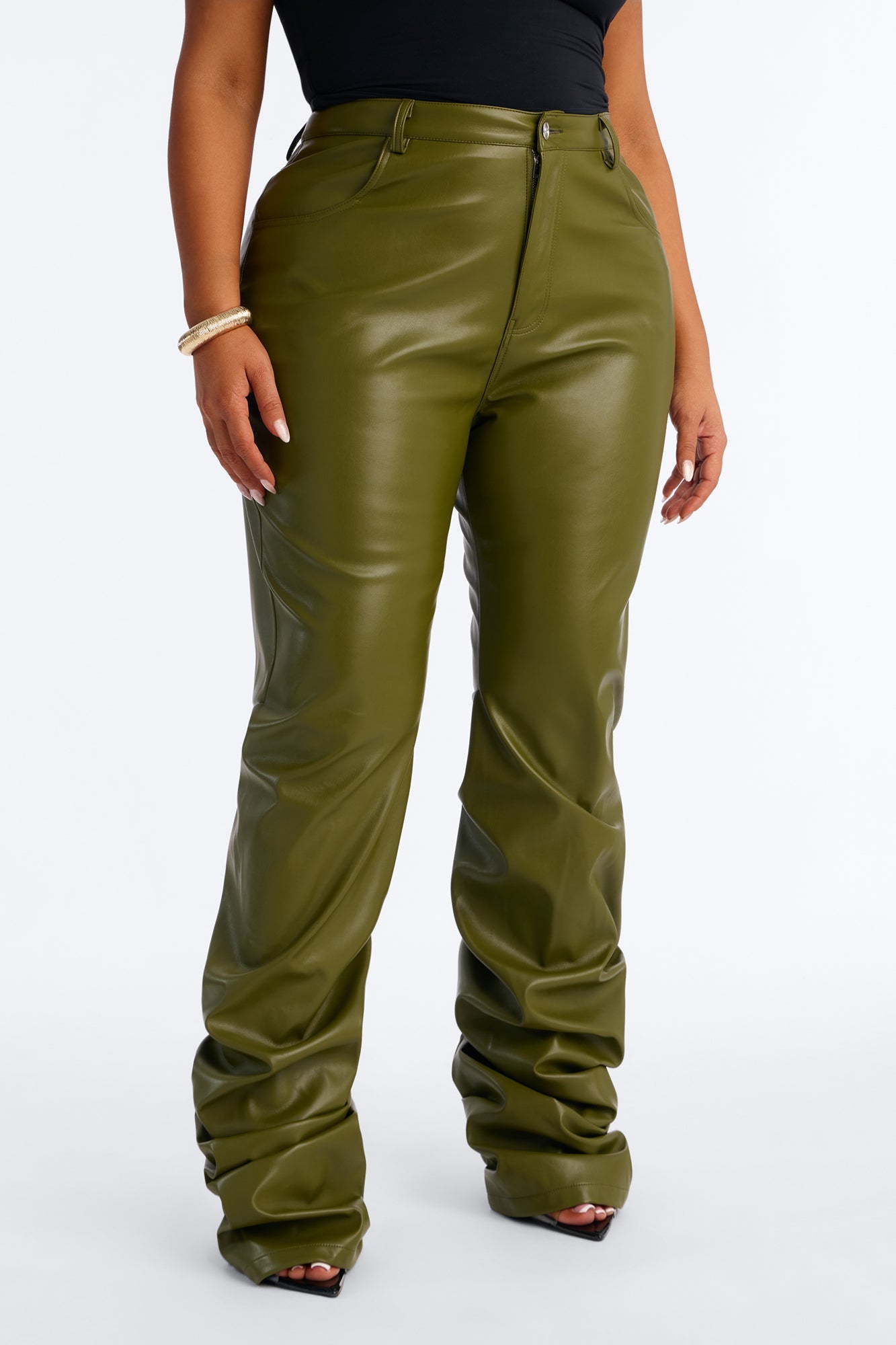 Making A Statement Faux Leather Stacked Pant 36 - Olive