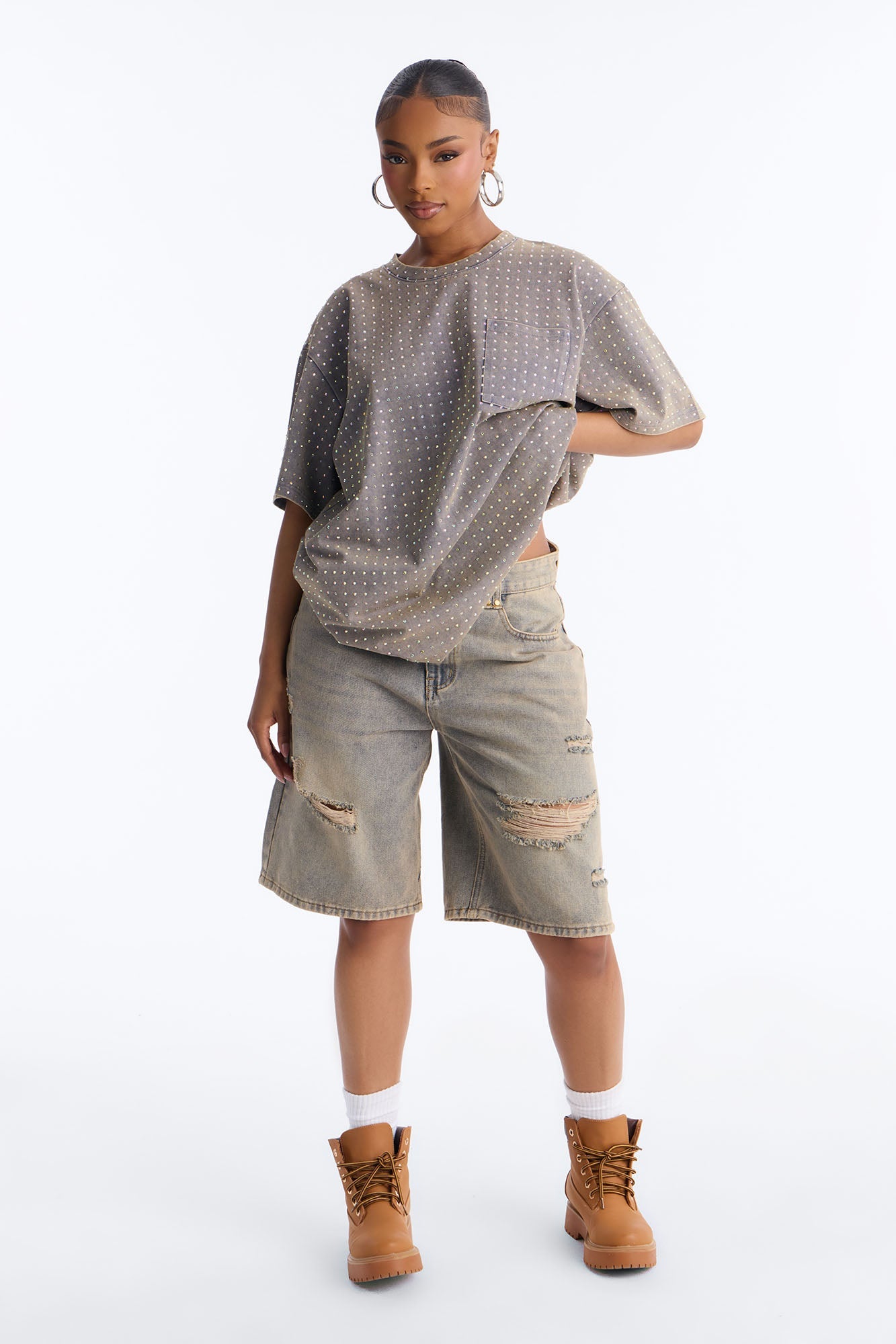 City Sparkle Rhinestone Short Sleeve Oversized T-Shirt - Charcoal