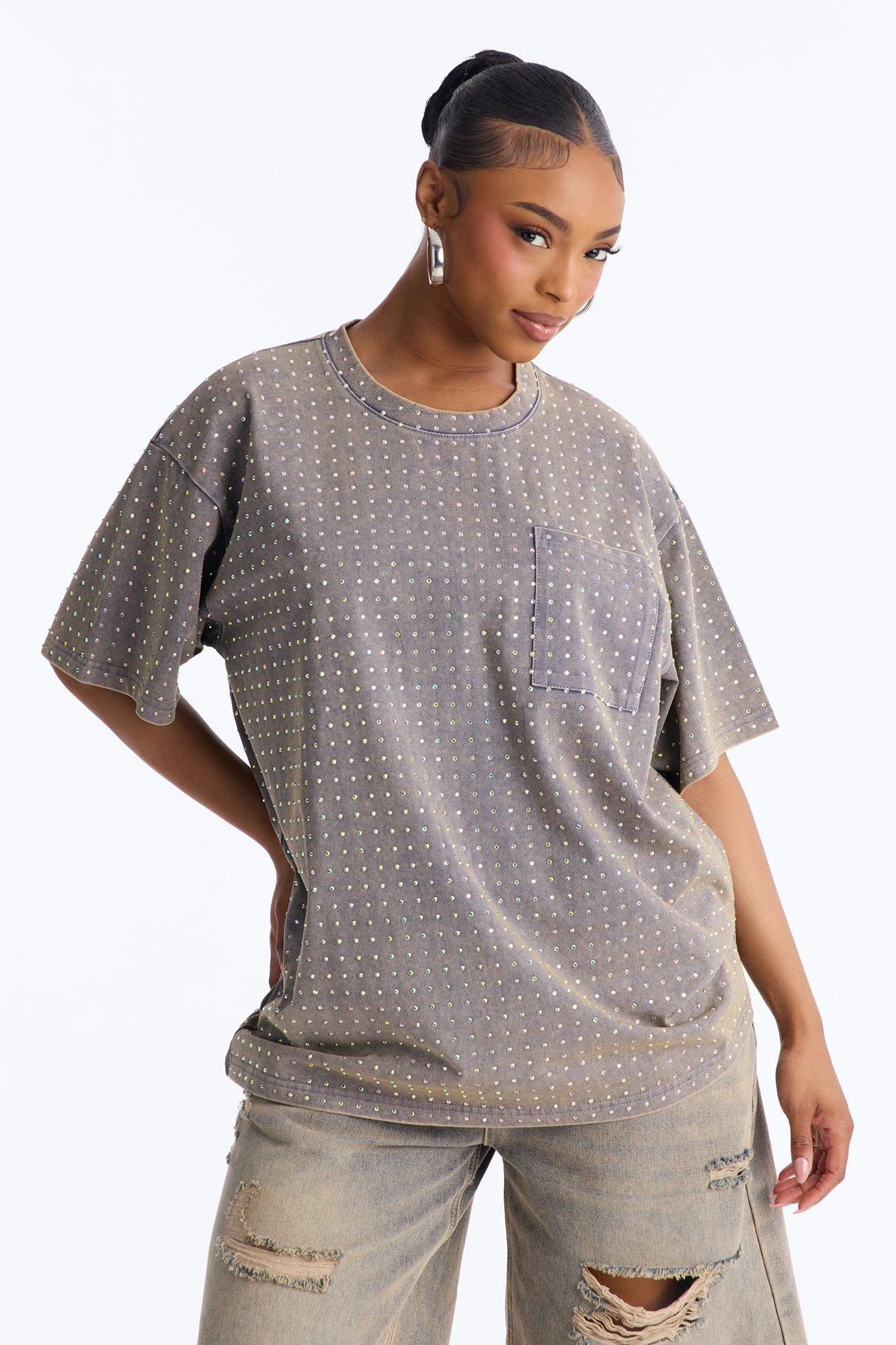 City Sparkle Rhinestone Short Sleeve Oversized T-Shirt - Charcoal