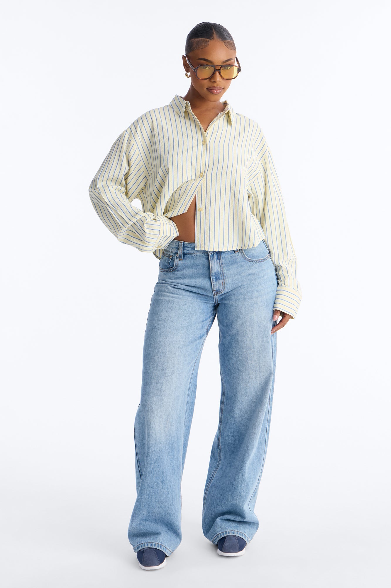 Minimal Effort Cropped Pinstripe Shirt - Butter Yellow