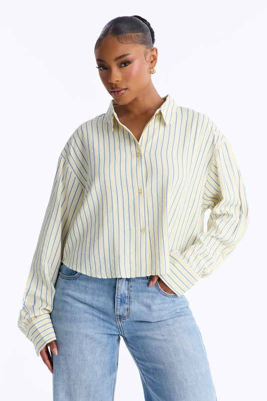 Minimal Effort Cropped Pinstripe Shirt - Butter Yellow