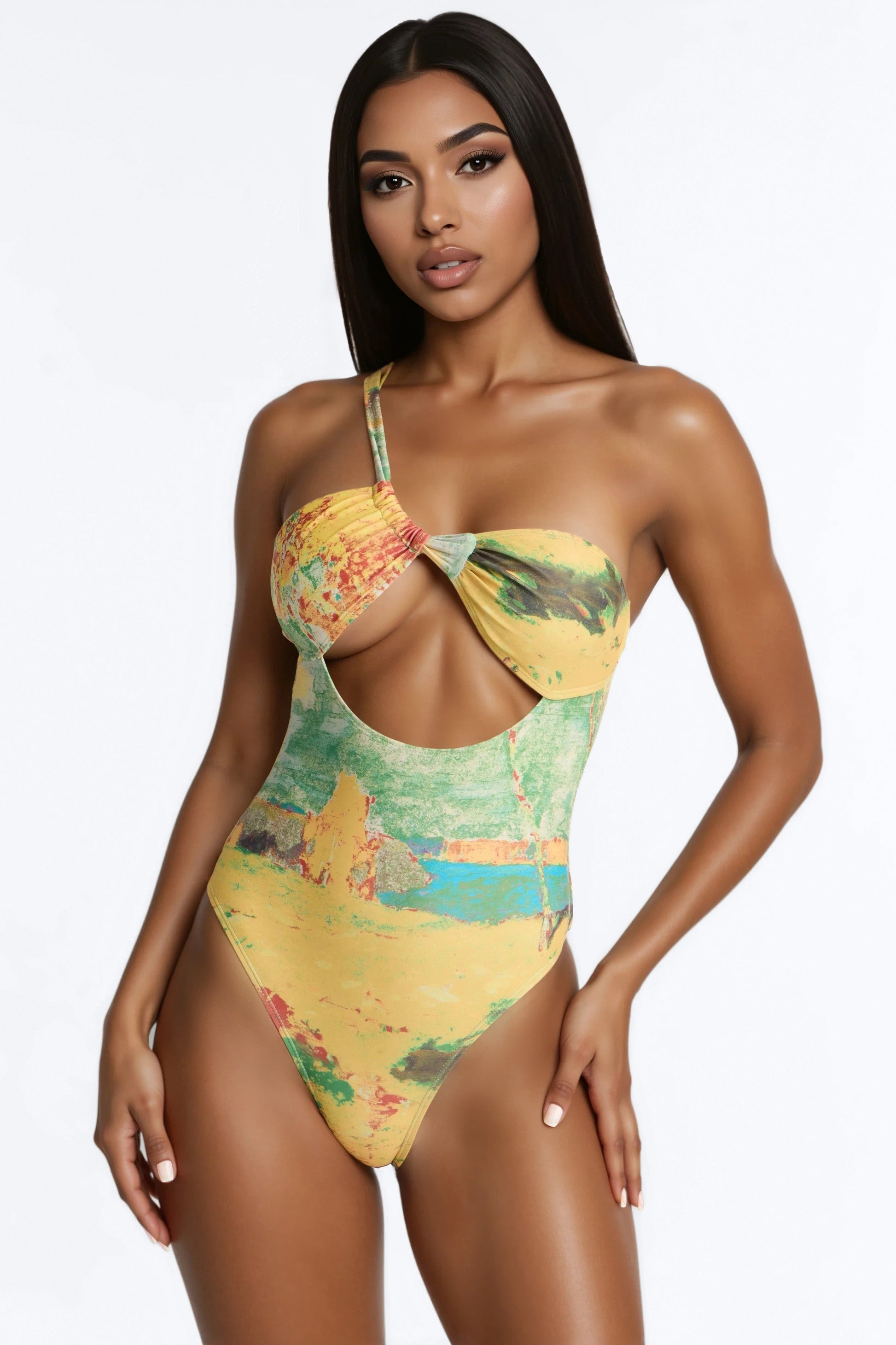 Areli Abstract One shoulder Cut Out 1 Piece Swimsuit & Sarong Set - Green/combo Fashion Nova