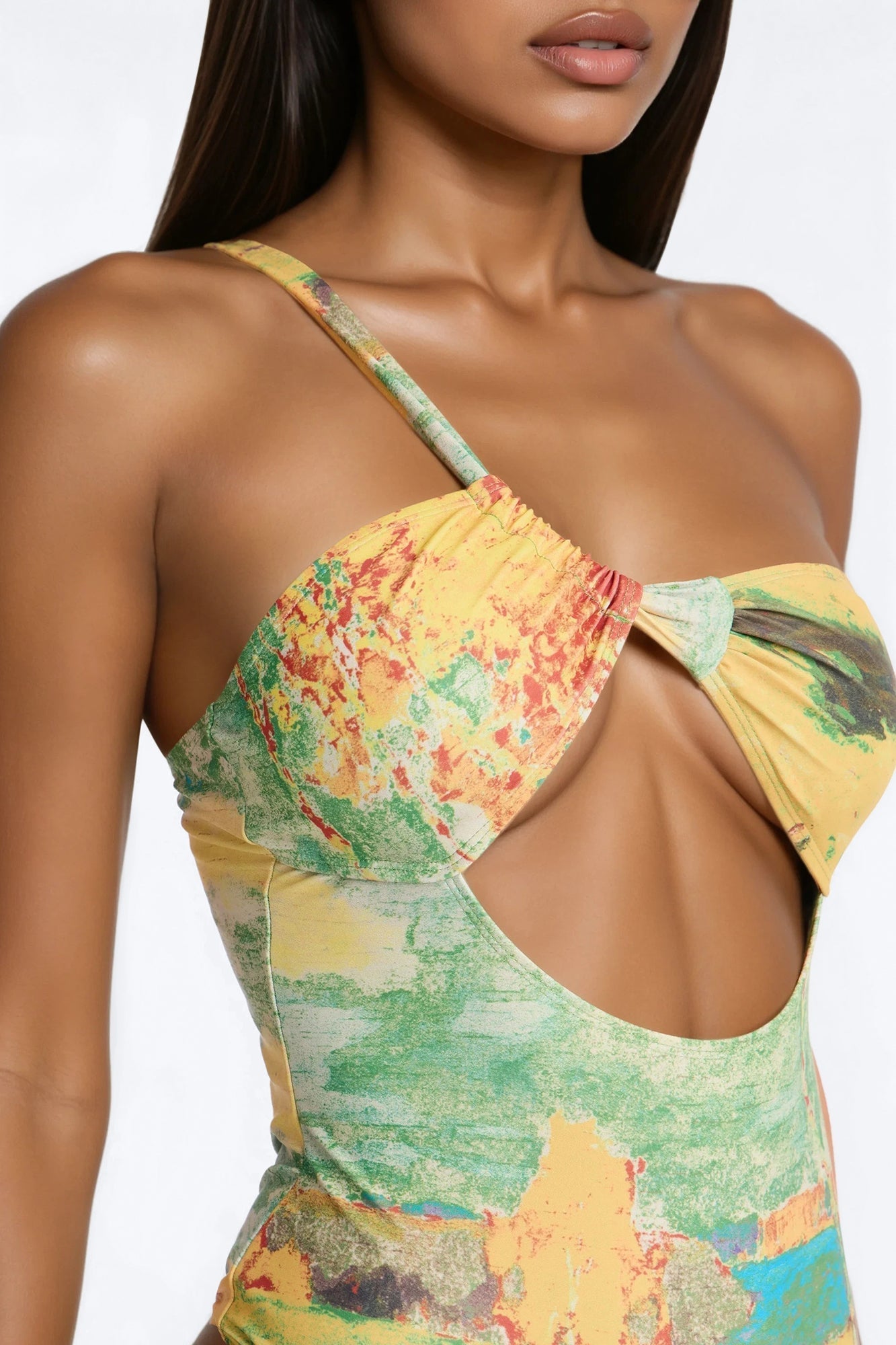 Areli Abstract One shoulder Cut Out 1 Piece Swimsuit & Sarong Set - Green/combo Fashion Nova