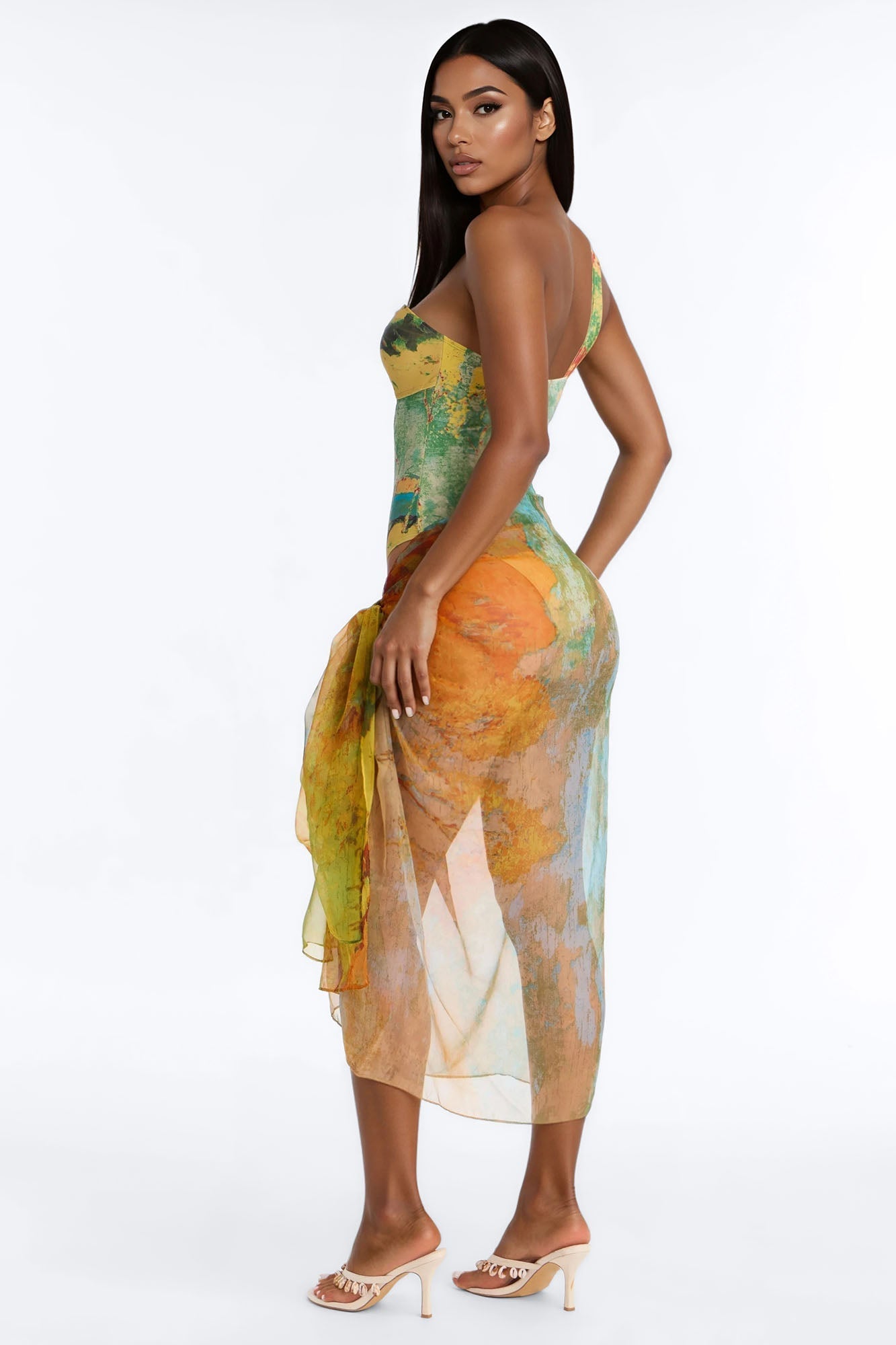 Areli Abstract One shoulder Cut Out 1 Piece Swimsuit & Sarong Set - Green/combo Fashion Nova