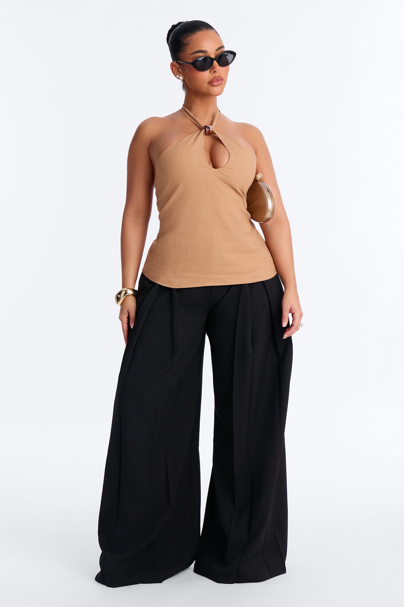 Iced Coffee Beaded Linen Halter Top - Camel