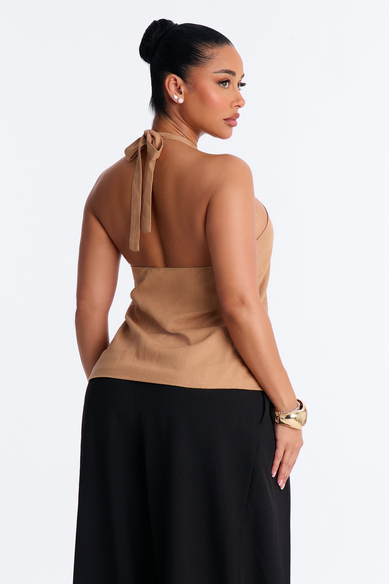 Iced Coffee Beaded Linen Halter Top - Camel