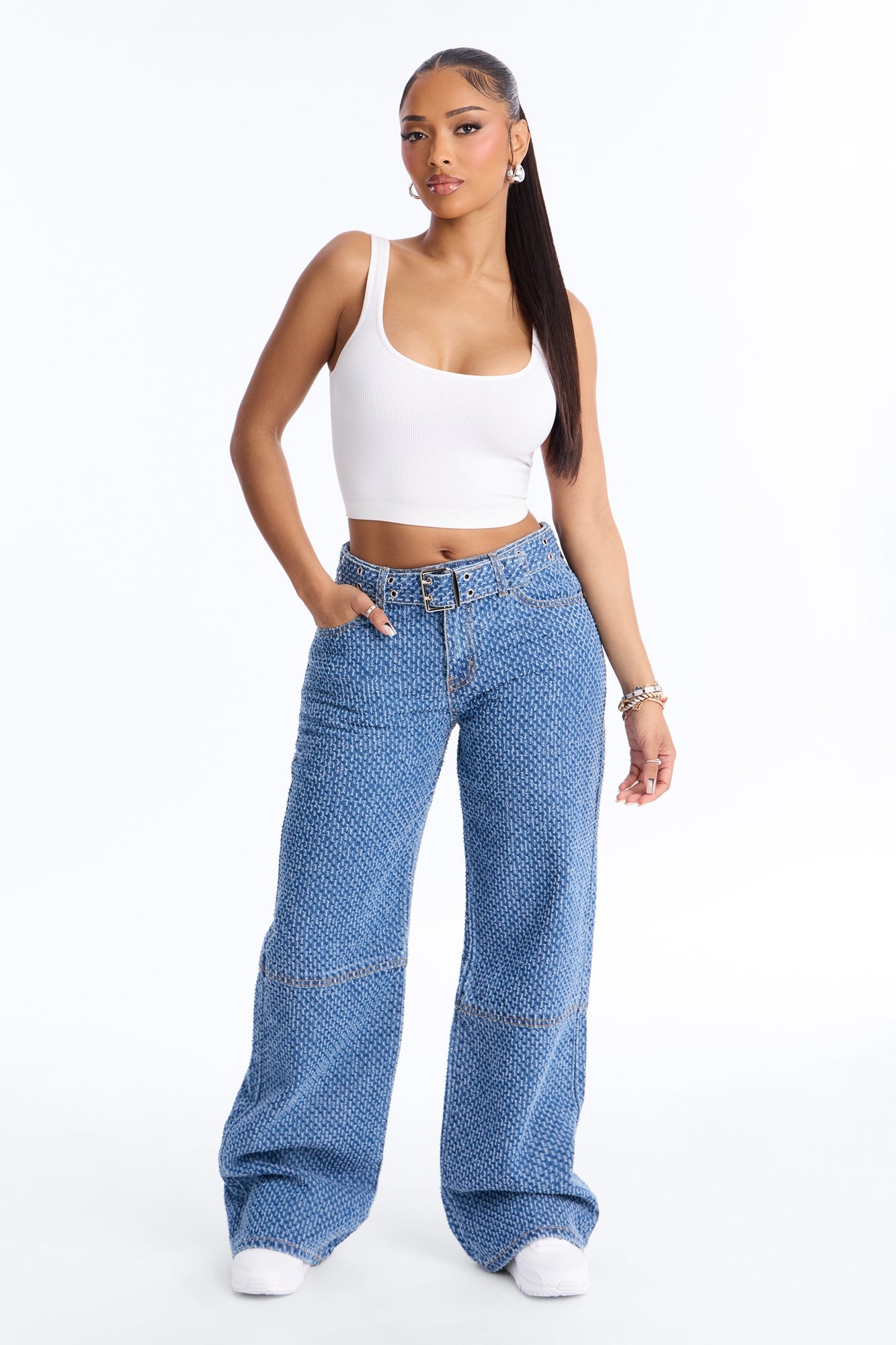 Shake It Up Belted Jacquard Straight Leg Jeans - Medium Wash
