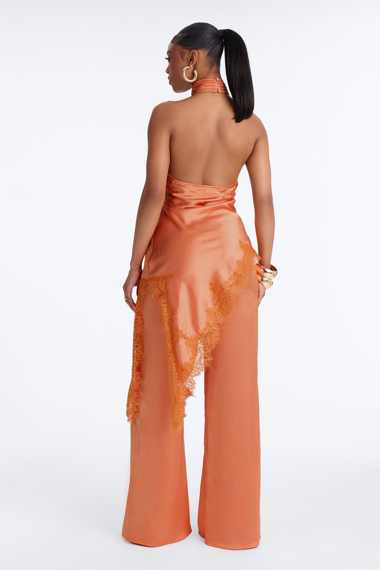 Angela Satin Lace Trim Pant Set - Orange Fashion Nova