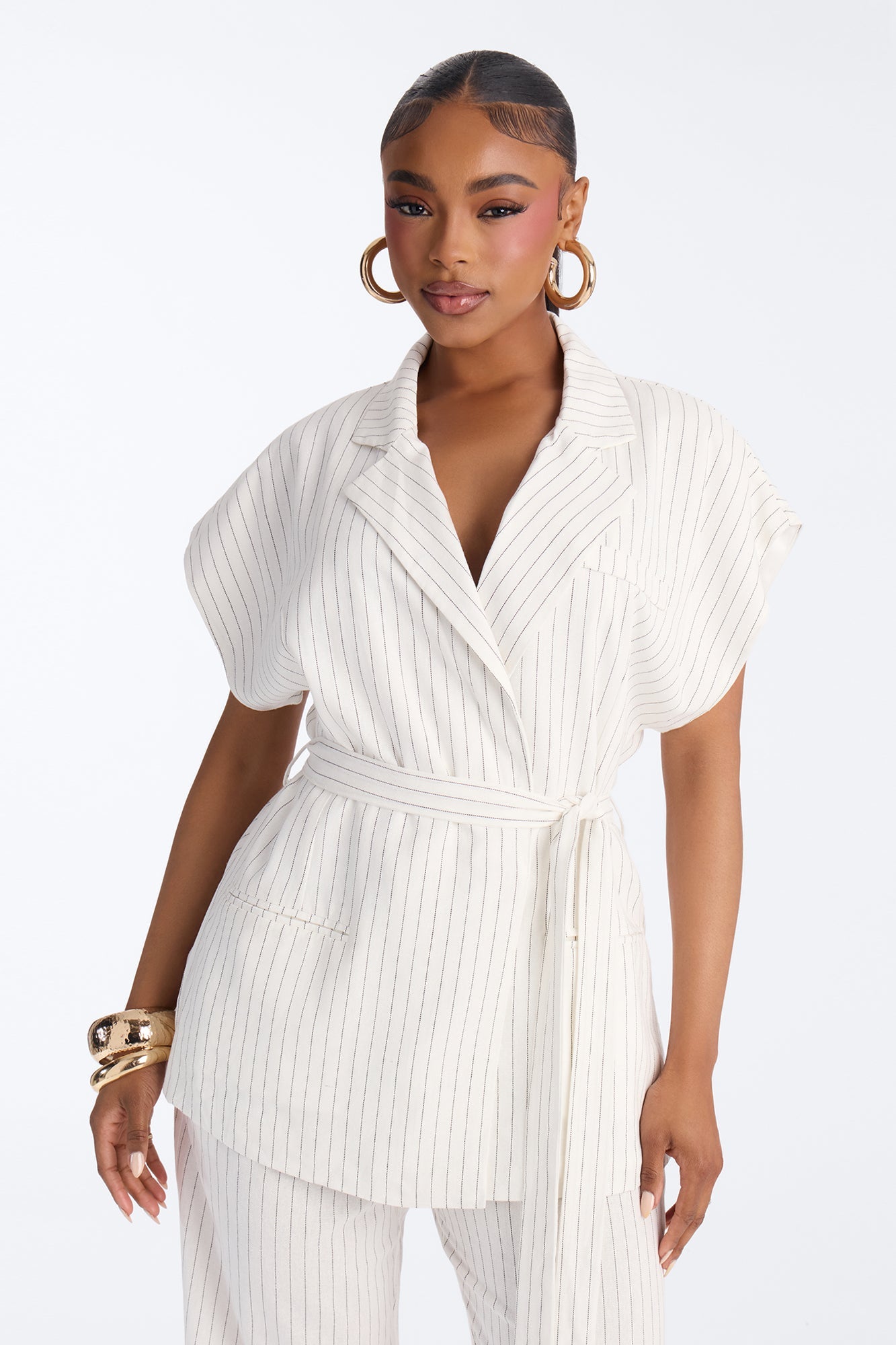 Juno Pinstripe Short Sleeve Tie Waist Linen Blazer - Ivory/combo
