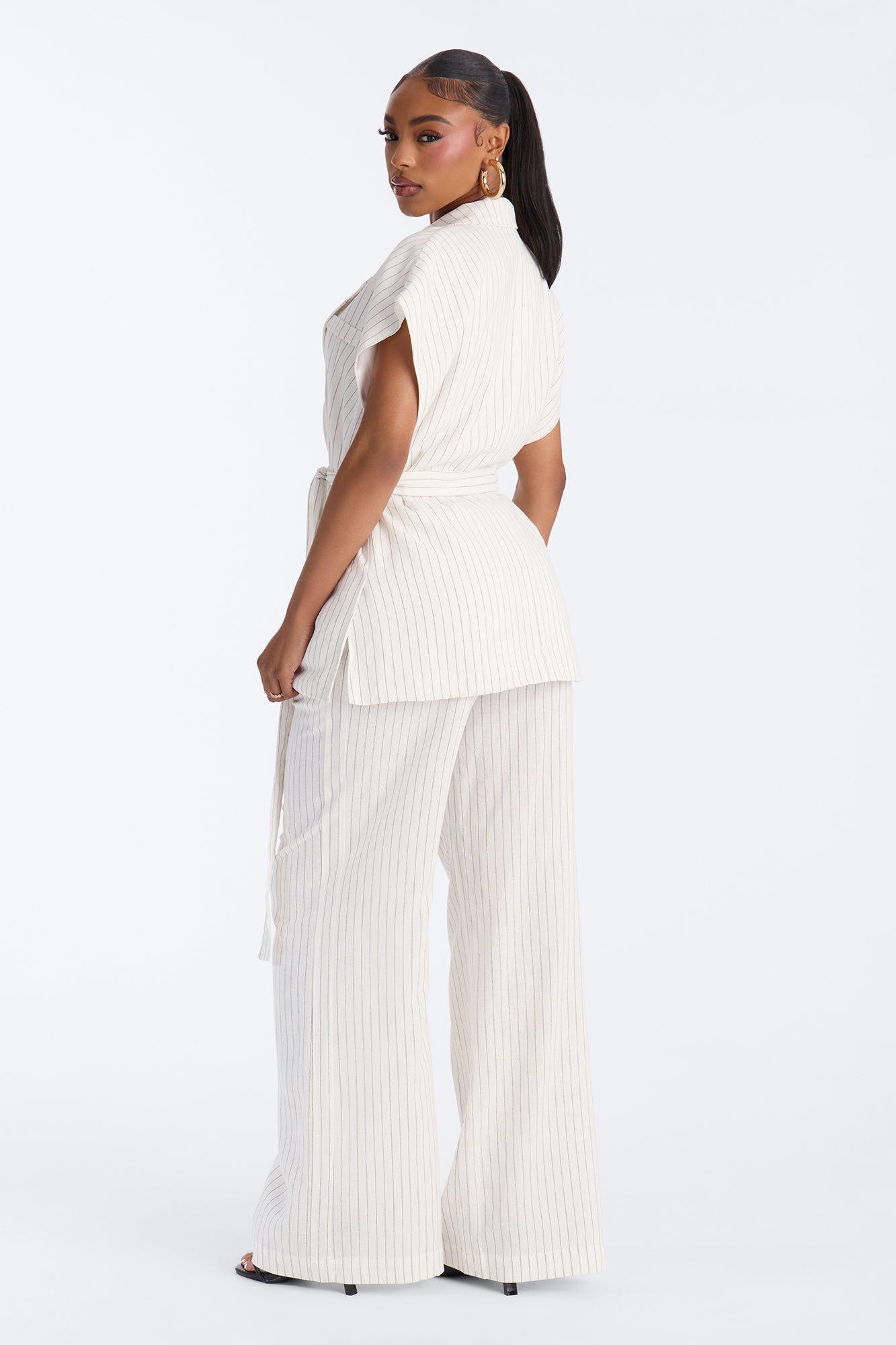 Juno Pinstripe Short Sleeve Tie Waist Linen Blazer - Ivory/combo