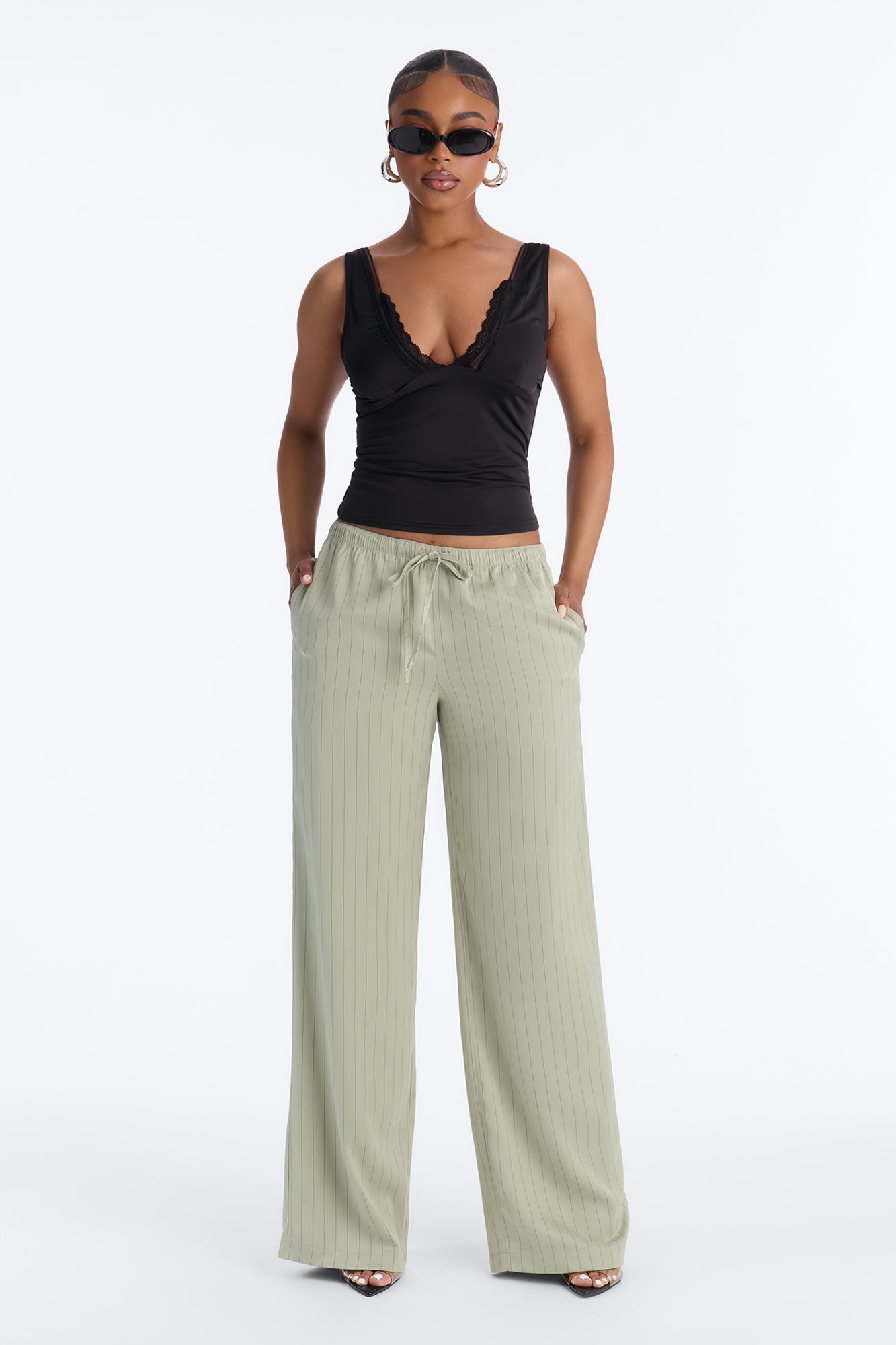 Lulu Pinstripe Satin Wide Leg Pant 32″ - Olive