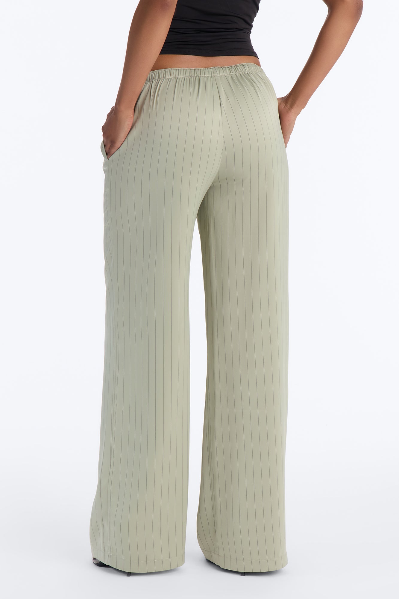 Lulu Pinstripe Satin Wide Leg Pant 32″ - Olive