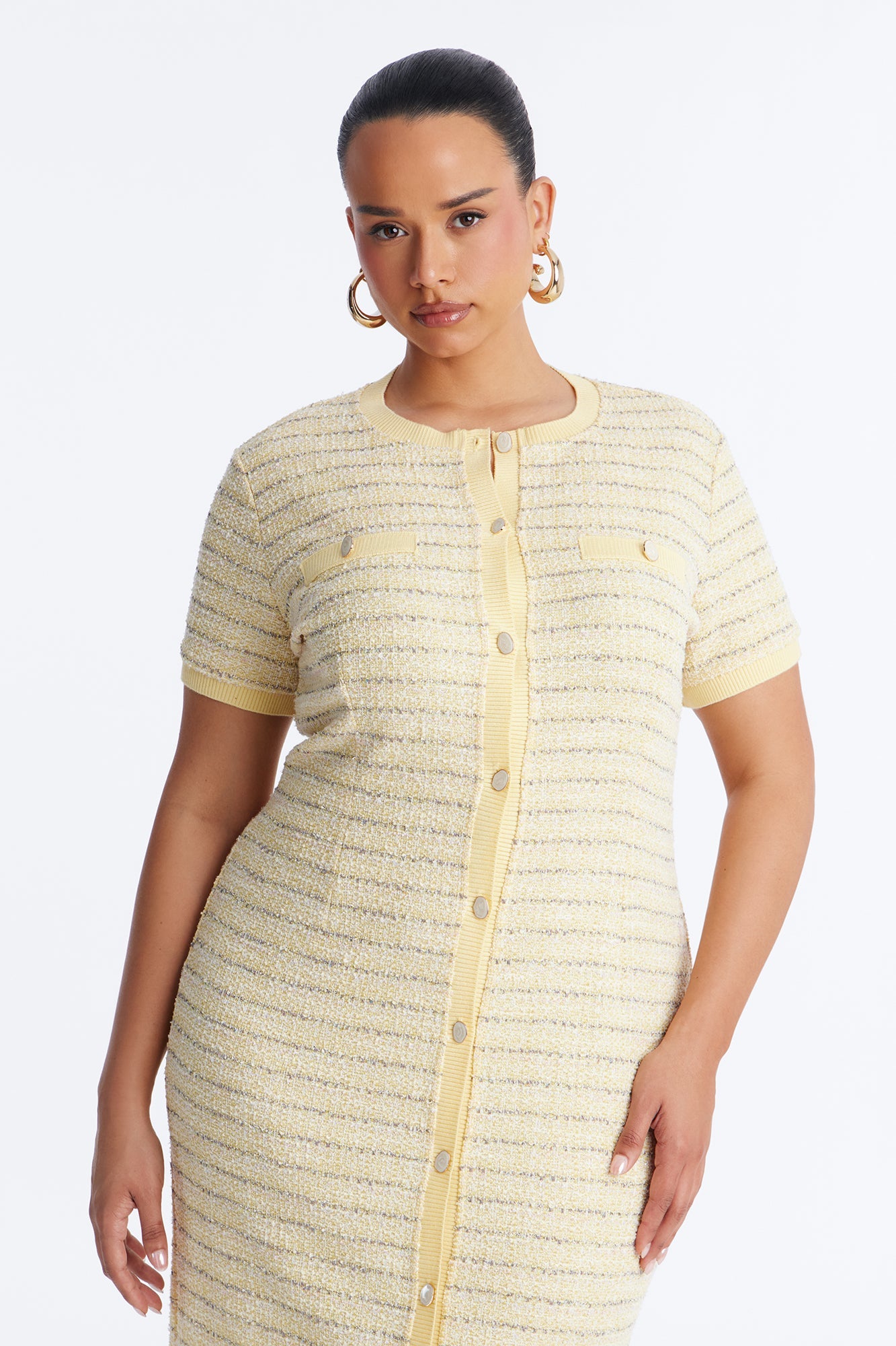 Kelsey Button Up Tweed Midi Dress - Yellow