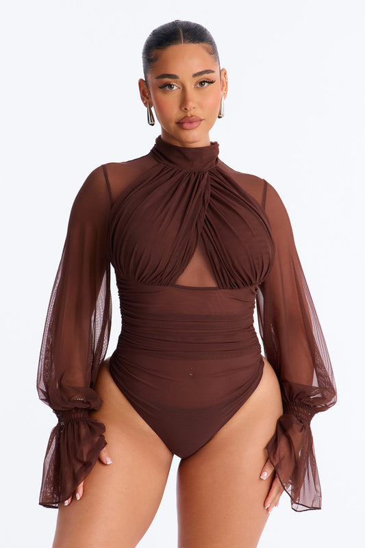 Juliet Ruched Mesh Long Sleeve Bodysuit - Brown