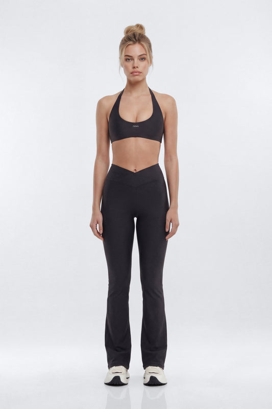 AirSculpt™ 32″ Cross Front Mid Rise Flare Legging - Black Fashion Nova