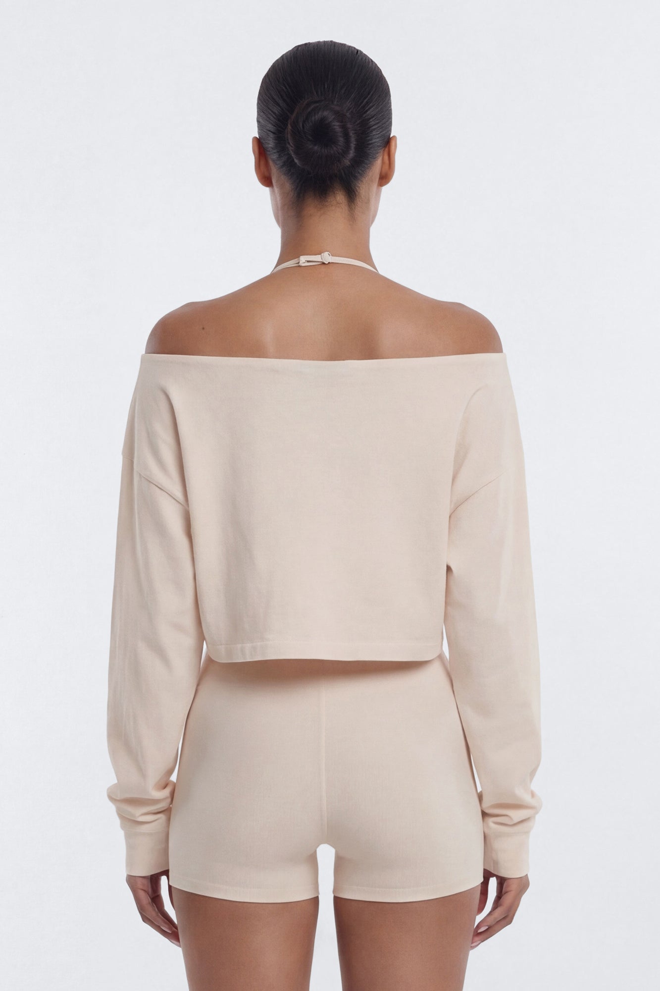 Cotton Jersey Off Shoulder Long Sleeve Crop Top - Oat Milk Fashion Nova