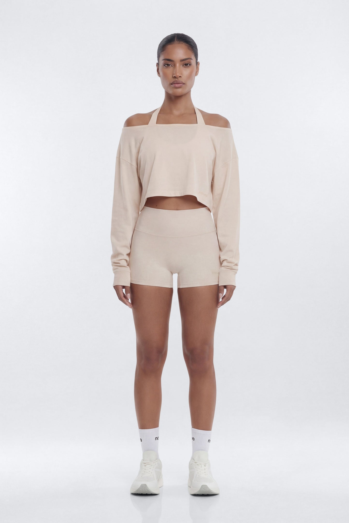 Cotton Jersey Off Shoulder Long Sleeve Crop Top - Oat Milk Fashion Nova