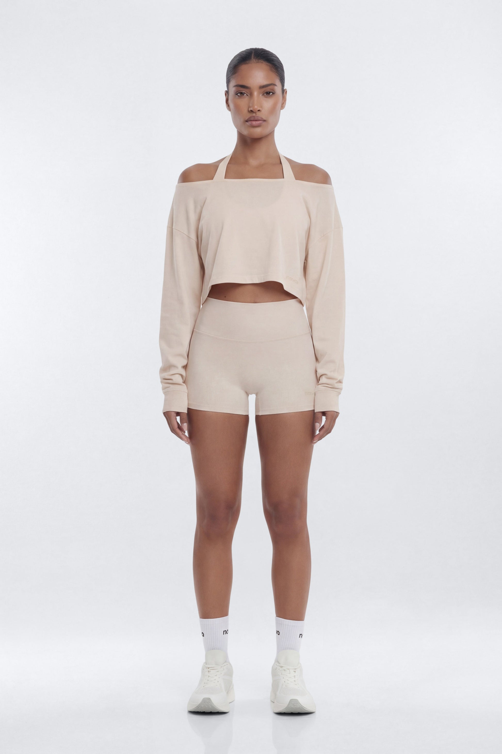 Cotton Jersey Off Shoulder Long Sleeve Crop Top - Oat Milk Fashion Nova
