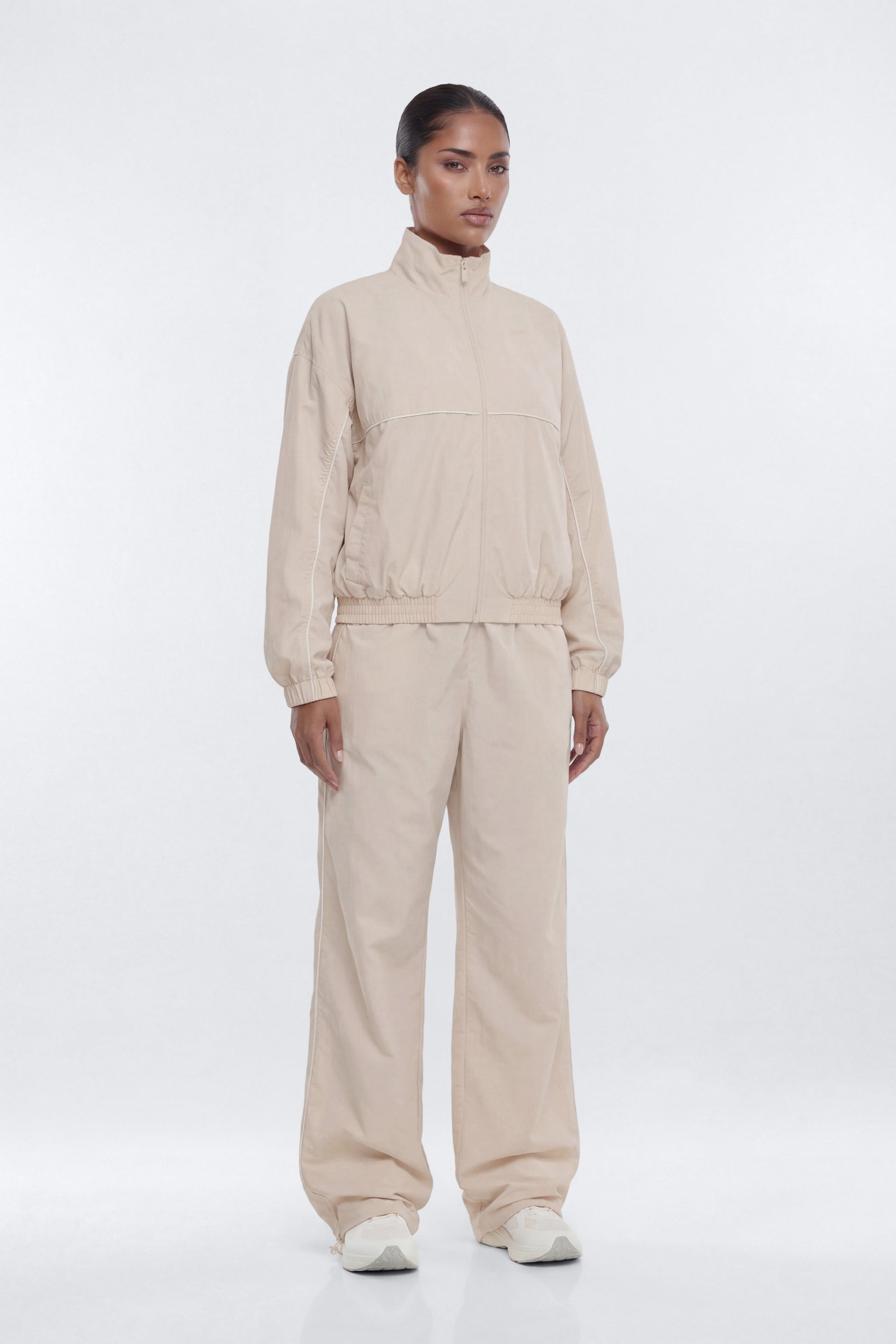 CoreNylon Mock Neck Full Zip Track Jacket - Oat Milk Fashion Nova