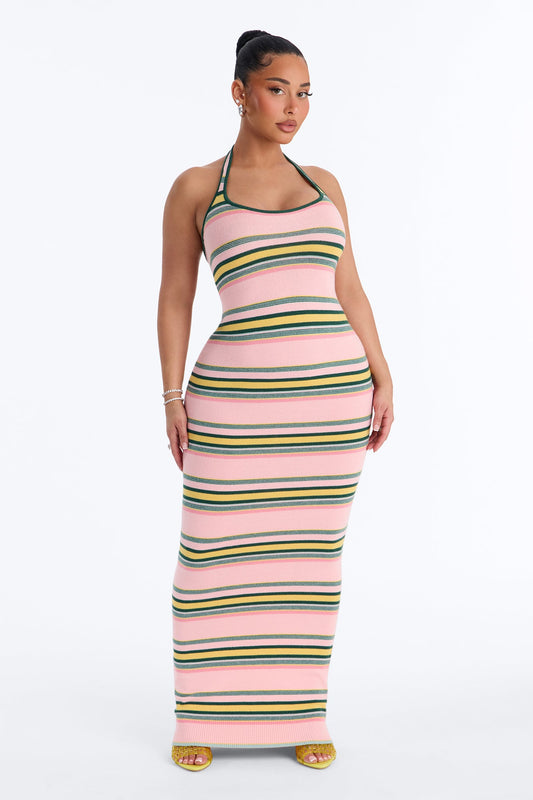 Bennie Halter Striped Sweater Maxi Dress - Pink/combo
